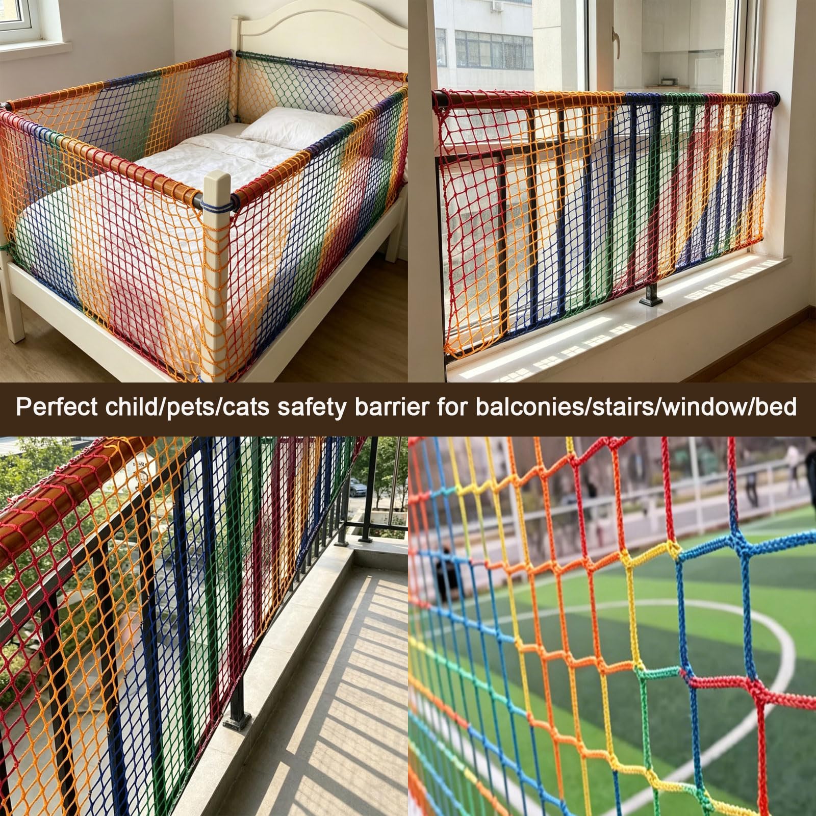 Universal Sicherheitsnetz Bunt Kinder Schutznetz Polyester Knotenlos Treppe Zaun GeländerSicherheitsschutz Anti-Fall für Haustier Katzennetz Balkone Terrassen Fenster(Size:2*3m(7*10ft),Color:BUNTE)
