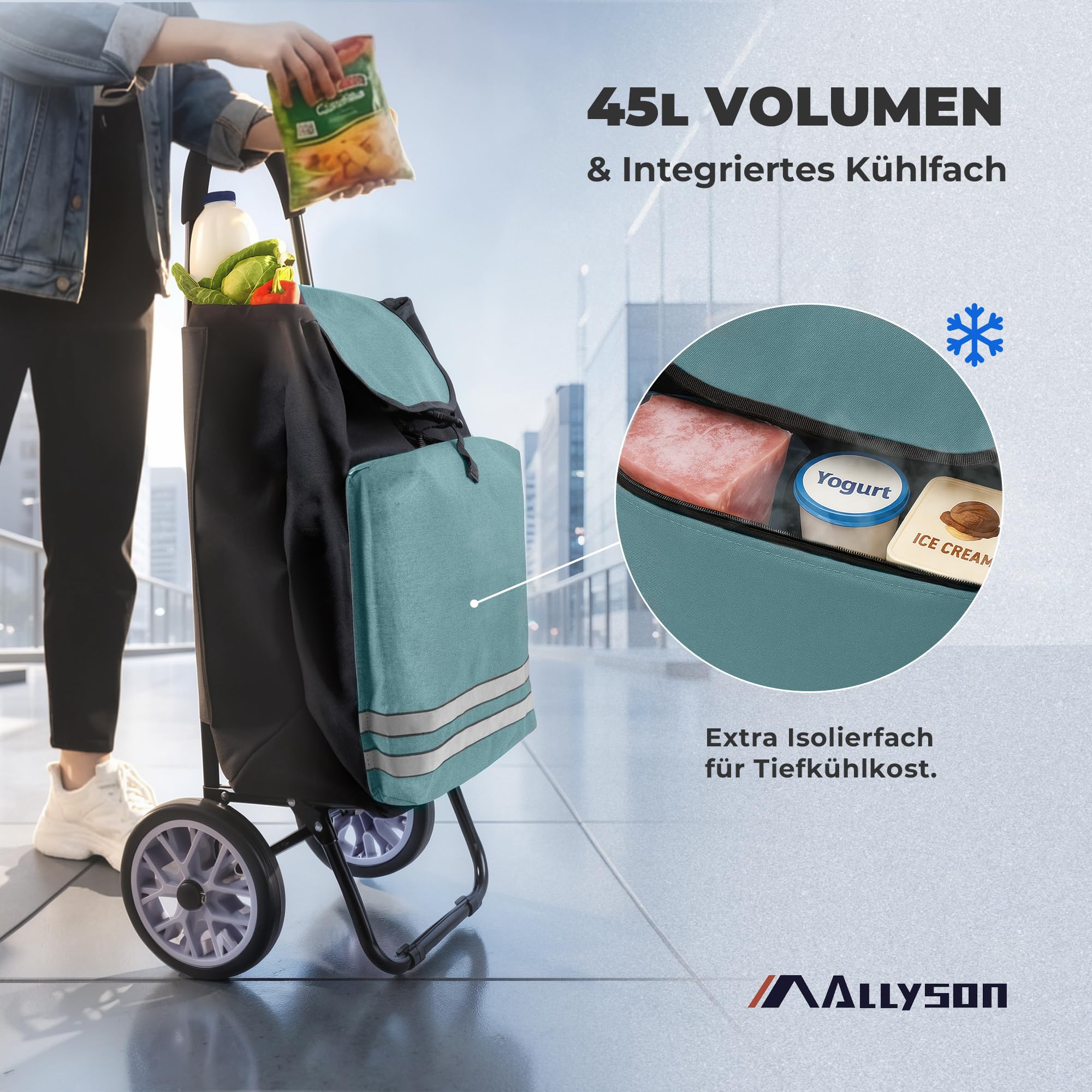 Allyson® Einkaufstrolley klappbar mit Reflektoren & Kühltasche, Einkaufswagen 45L Kapazität, Wetterfester Shopping Trolley, Treppensteiger Trolley mit Geräuschlosen Rädern & Abnehmbarer Tasche - Grün