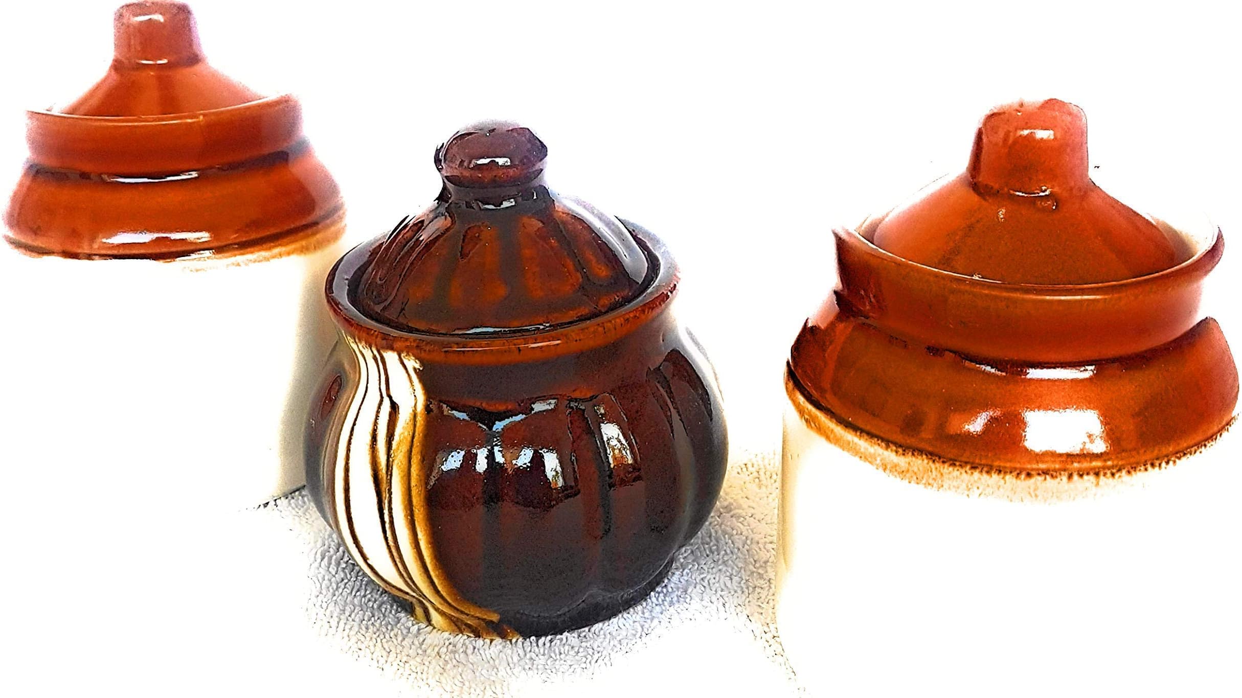 swadeshi enterprises Ceramic Pickle Jars - 200 ml, 3 Pieces, Brown White
