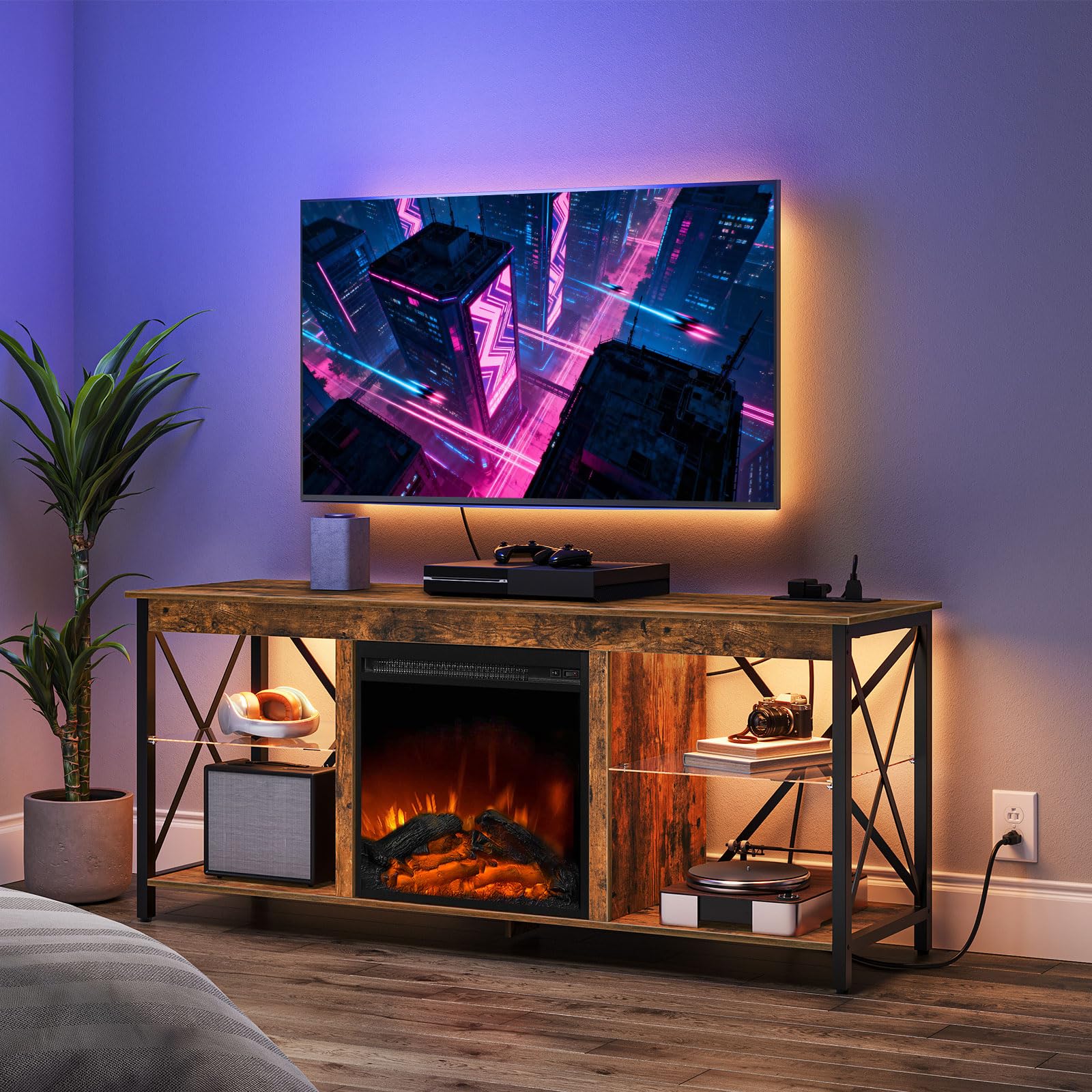HOOBRO Fireplace TV Stand with LED Lights and Sockets, Wood Media Entertainment Center Console Table with Glass Shelves, Fireplace TV Console for TVs up to 65 inches, Rustic Brown BF140UDDS01