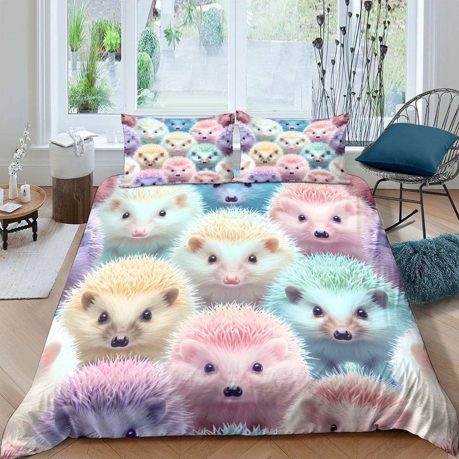 Ctjqhvkz Style-5 3D Printed Pastel Hedgehog Fitted Sheet Microfiber Colourful Animal Bed Cover For Bedroom Dorm Mattress Decor Easy Care Single（135X200cm）