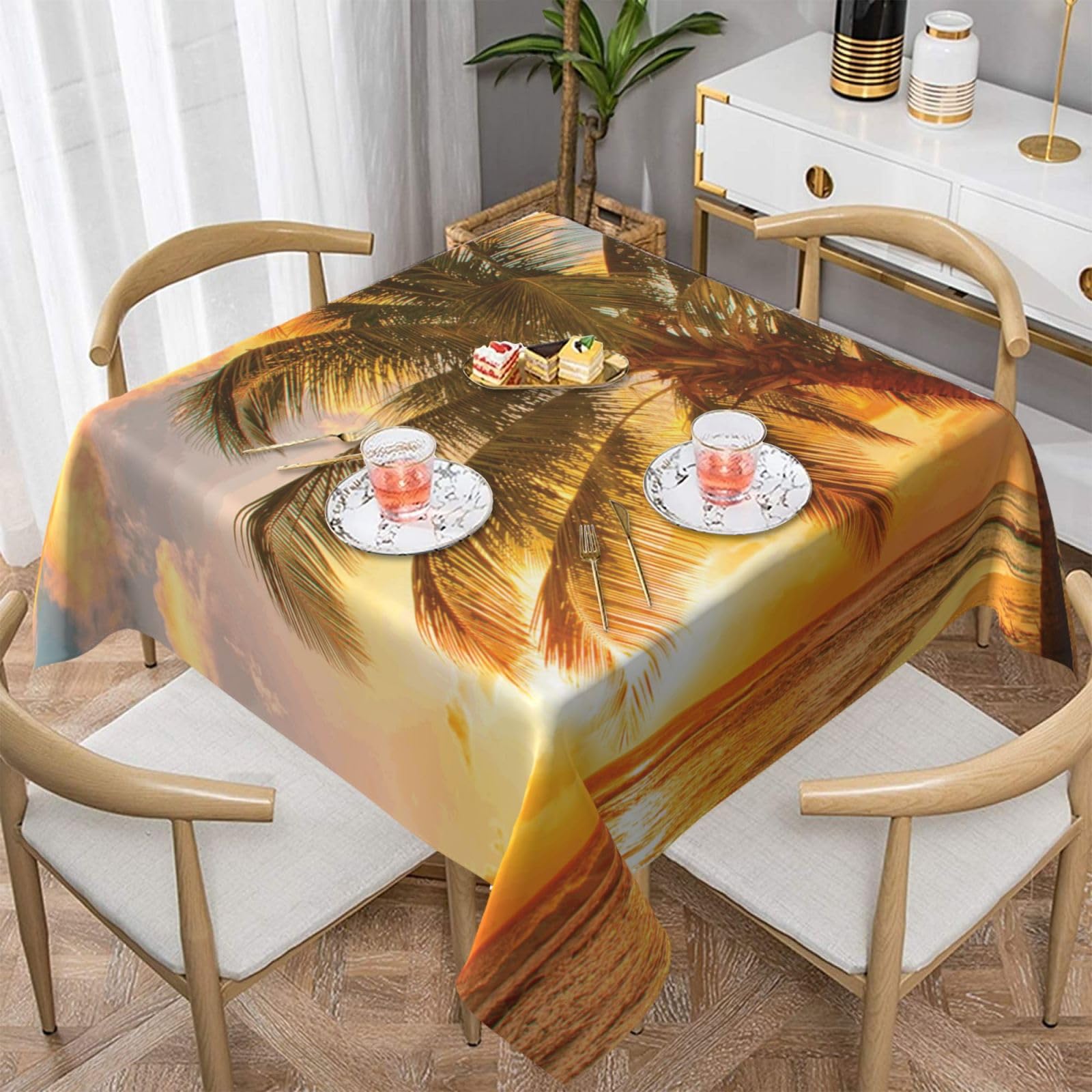 DCEHGEW Tropical Beach Palm Tree Sunset Prints Square Tablecloth 152x152 CM, Waterproof Fabric Table Cloth for Dining Table, Farmhouse Table Cover for Kitchen Dining Tabletop Decoration