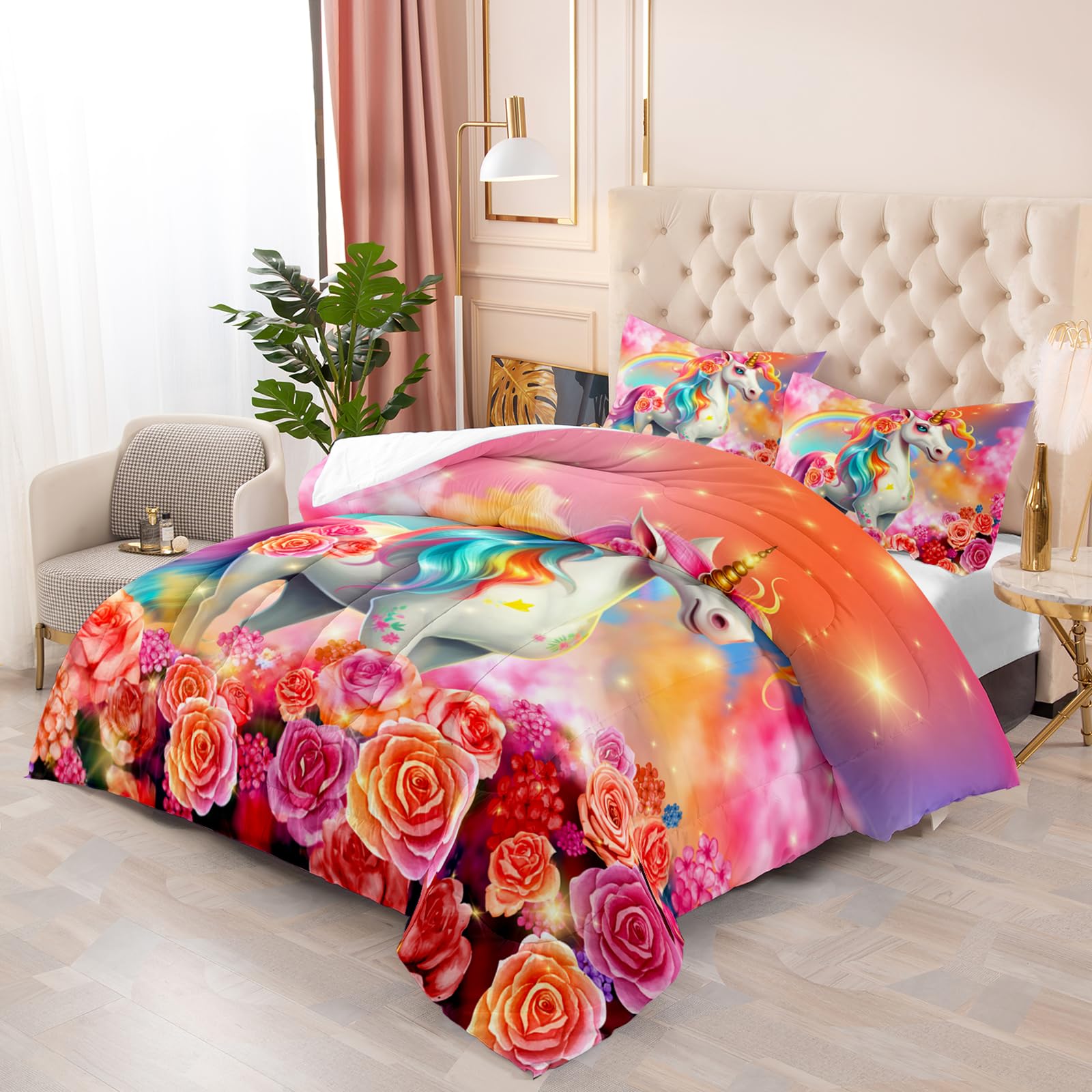 Ntlfup Unicorn Bedding Set for Girls, Cute Pink Rainbow Comforter Set,3D Printed Bedding, Perfect for Girls and Teens, All-Season Full Quilt, Includes 2 Pillowcases