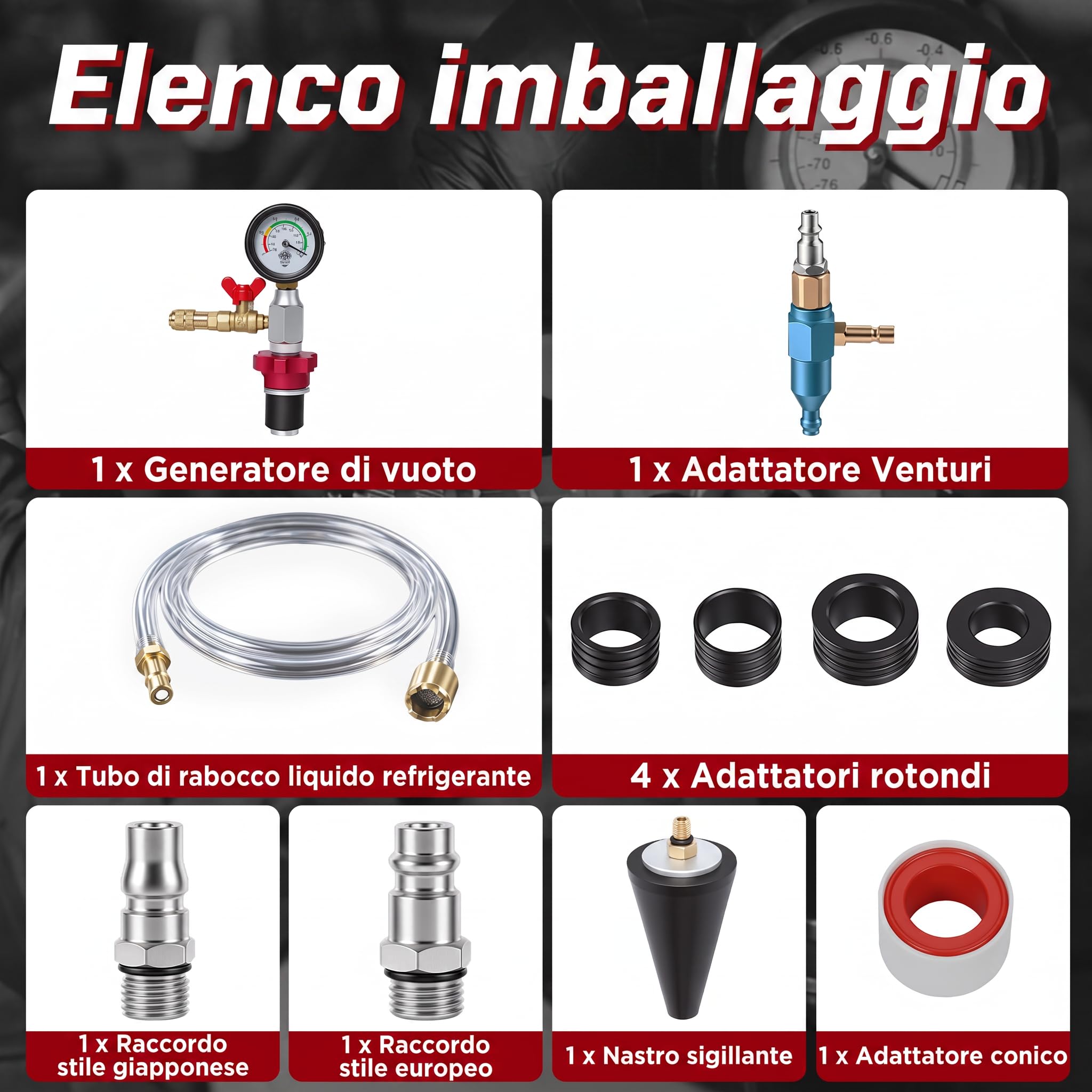 KAISAL Kit di sfiato e ricarica per liquido refrigerante per auto | Riempitore pneumatico antigelo con manometro, 5 adattatori di dimensioni per tutti i veicoli