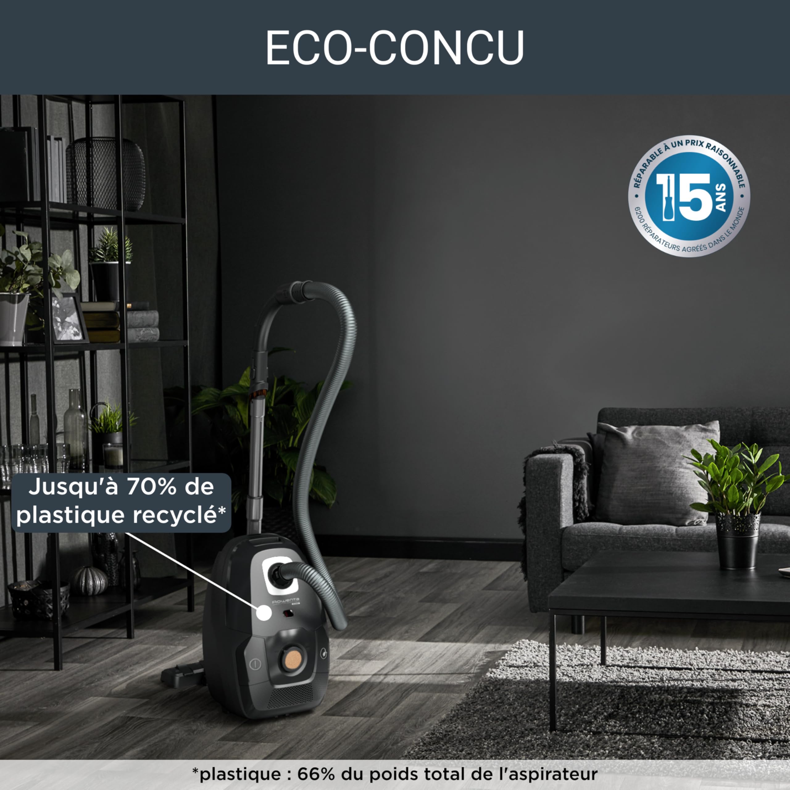 Rowenta Aspirateur avec sac, Moteur basse consommation, Haute filtration, Ultrasilencieux, Eco responsable, Nombreux accessoires, Fabriqué en France, Green Force Effitech, Noir/liège RO6189EA