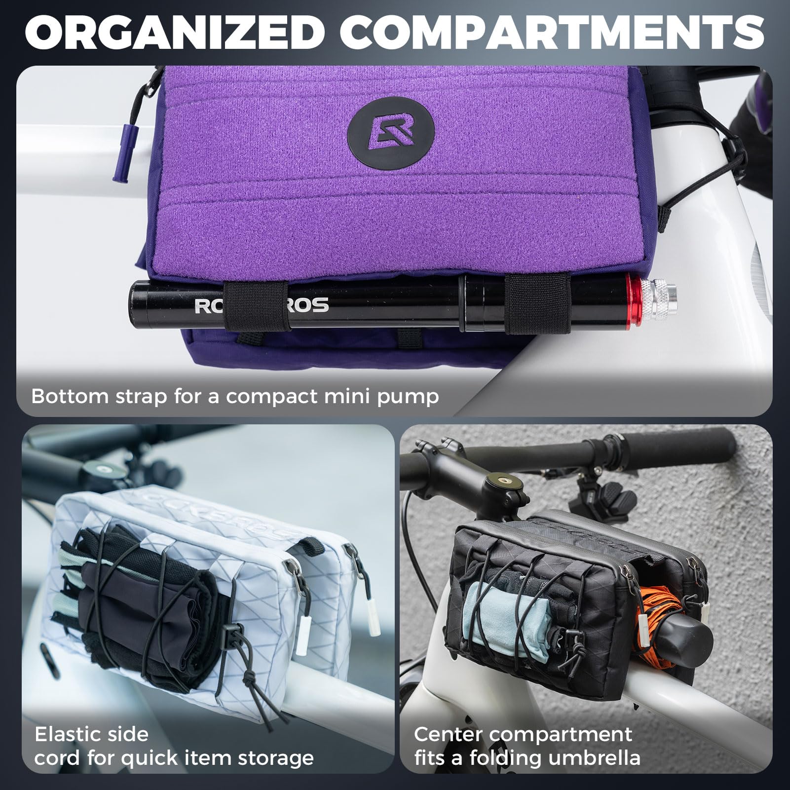 ROCKBROS Borsa Telaio Bici 1 L, Borsa da Bicicletta Tubo Superiore 2 Tasche Laterali, con Cordino Elastico Laterale con Tracolla, per Bici da Corsa MTB Trekking Commuting, Nero