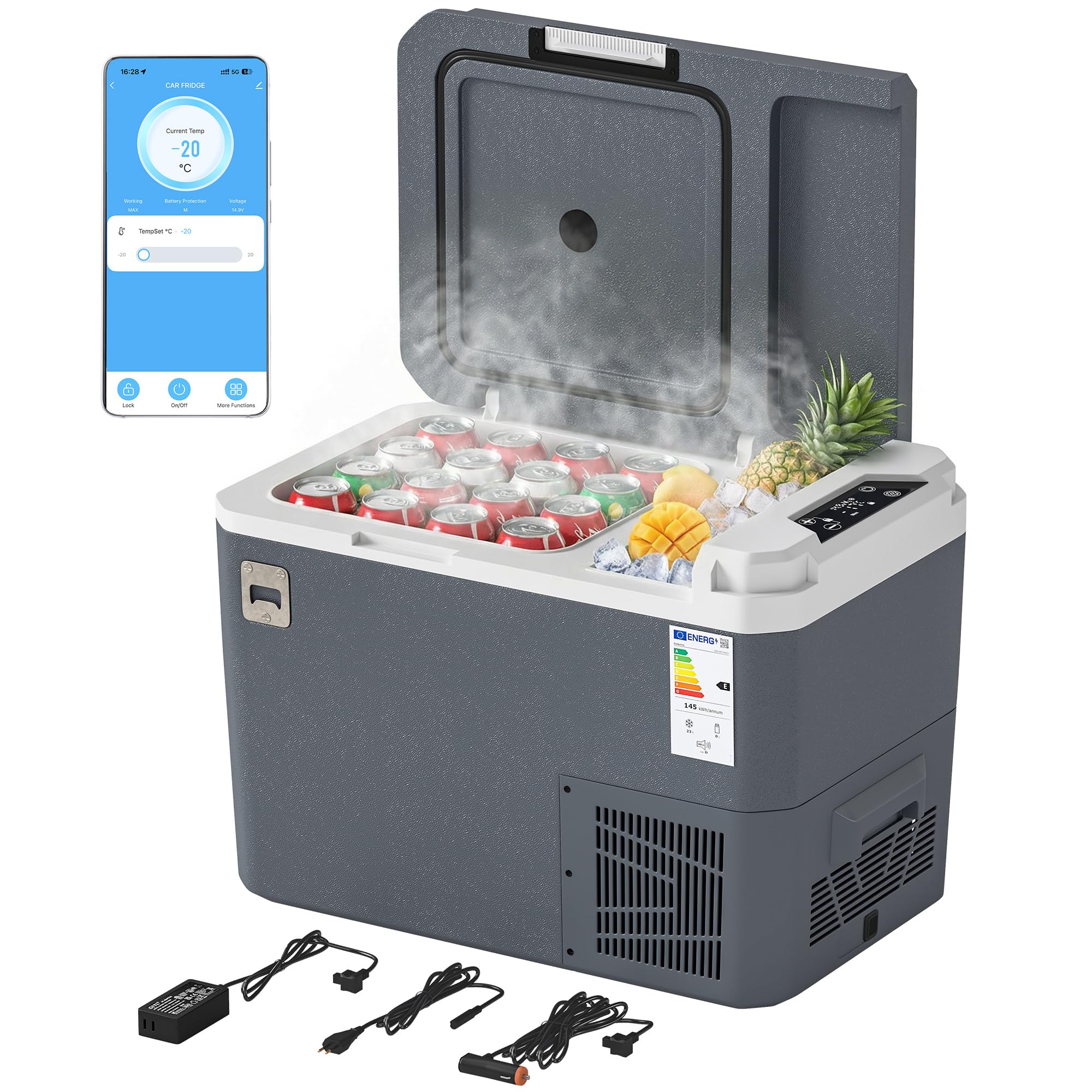 Outsunny Frigorifero Portatile per Auto 25L con Compressore, Frigo Portatile Elettrico Anti-Shock, APP Bluetooth, Maniglia, 12/24V DC e 100-240V AC, -20°C a 20°C, per Campeggio Camion Barca Camper