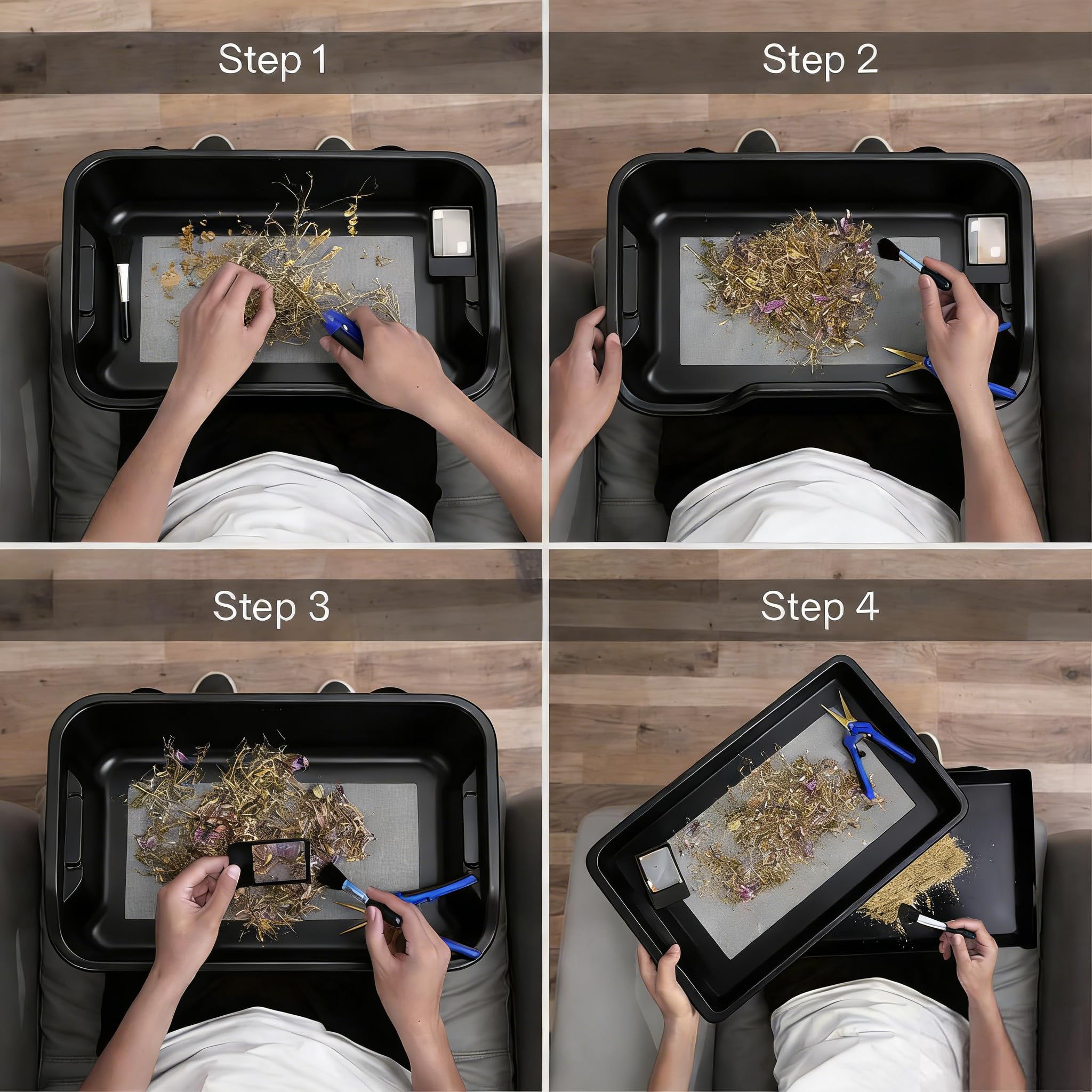 Trim Bin Set mit 150 Mikron Pollensieb, Trim Tray, Trimming Tray mit 2 Scheren, Lupe und Bürste, 5 Zoll Tabletttiefe, Trimmschale Professional Ernte Zubehör für Pollen und Kräutersieb
