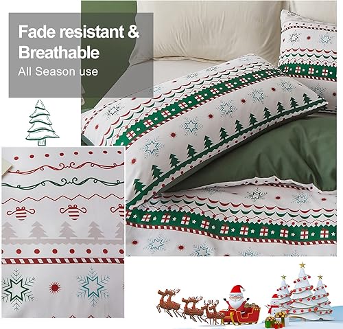 Miniatura 2 de Juego de funda de edredón de Navidad tamaño King juego de ropa de cama de copo de nieve a rayas funda de edredón ligera y suave de microfibra verde