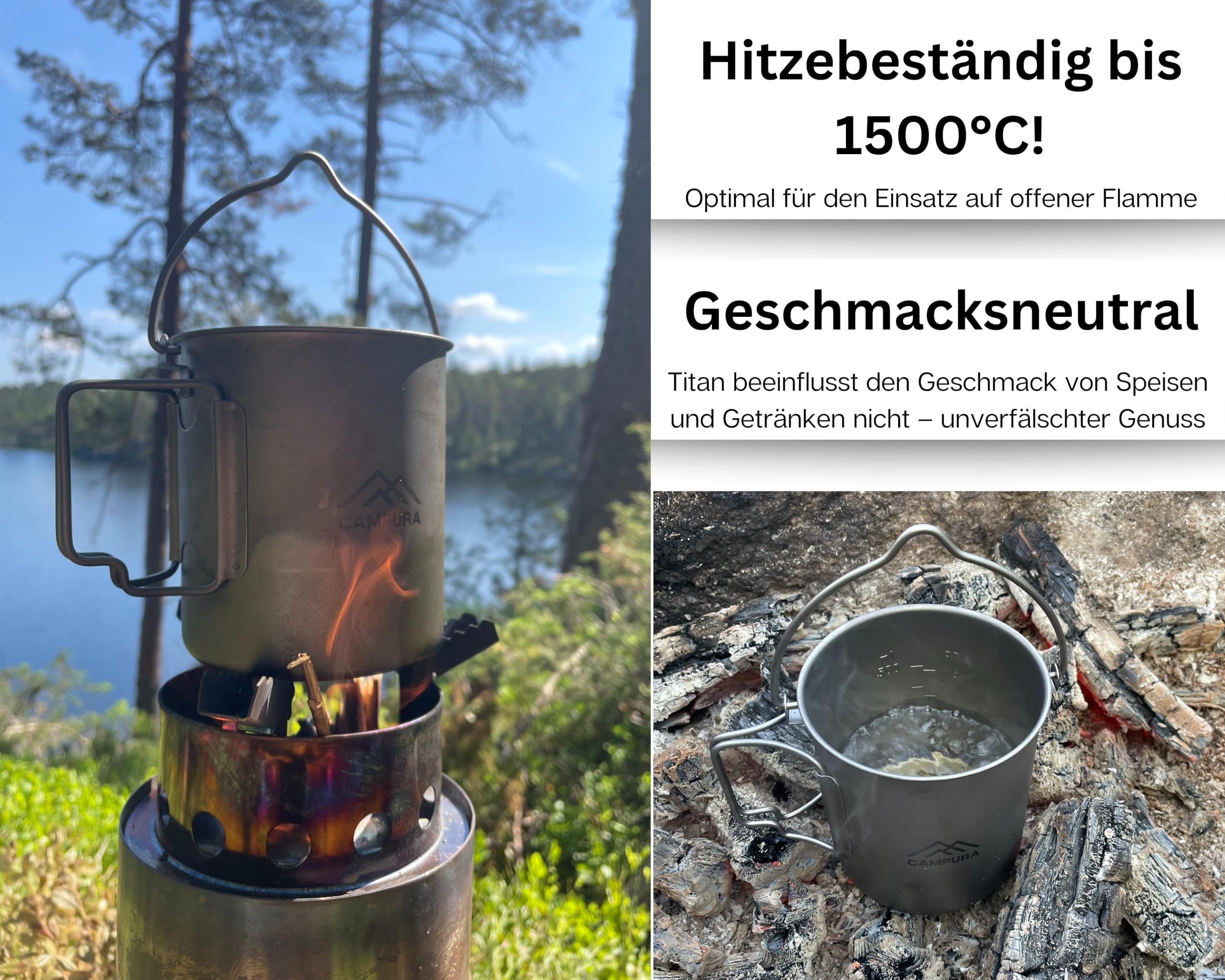 Titan Topf Outdoor inkl. 5-in-1 Edelstahl Klappbesteck - Ultraleicht 146g für Trekking & Bushcraft - 750ml, faltbar - Camping Geschirr Titanium Survival Topf