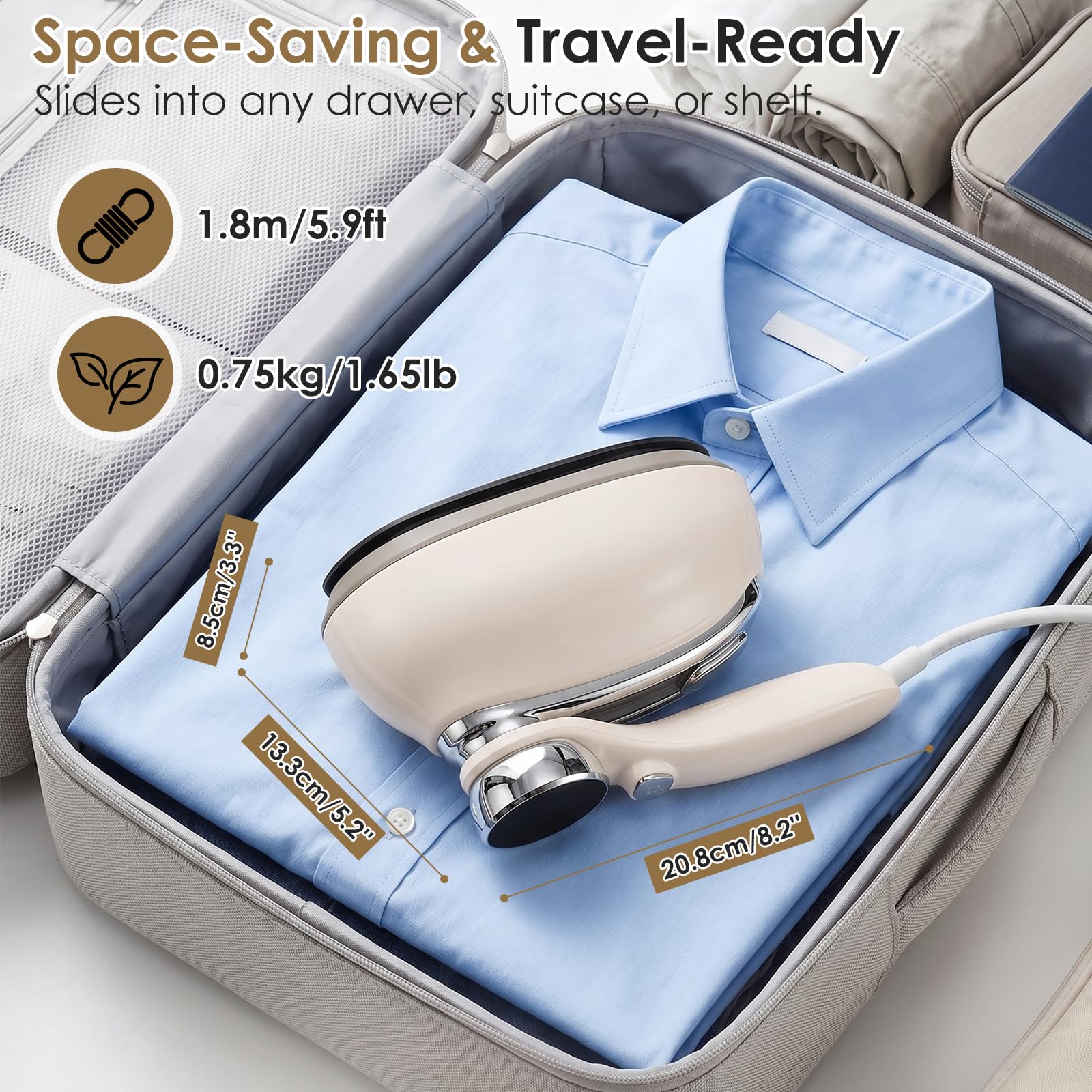 Défroisseur Vapeur Portable 2 en 1 pour Vêtements, 1300W Fer à Repasser de Voyage avec 6 Modes, Réservoir d'eau de 160ML et Écran LED, 15S Chauffage Rapide Défroisseur à Main pour Maison Voyage