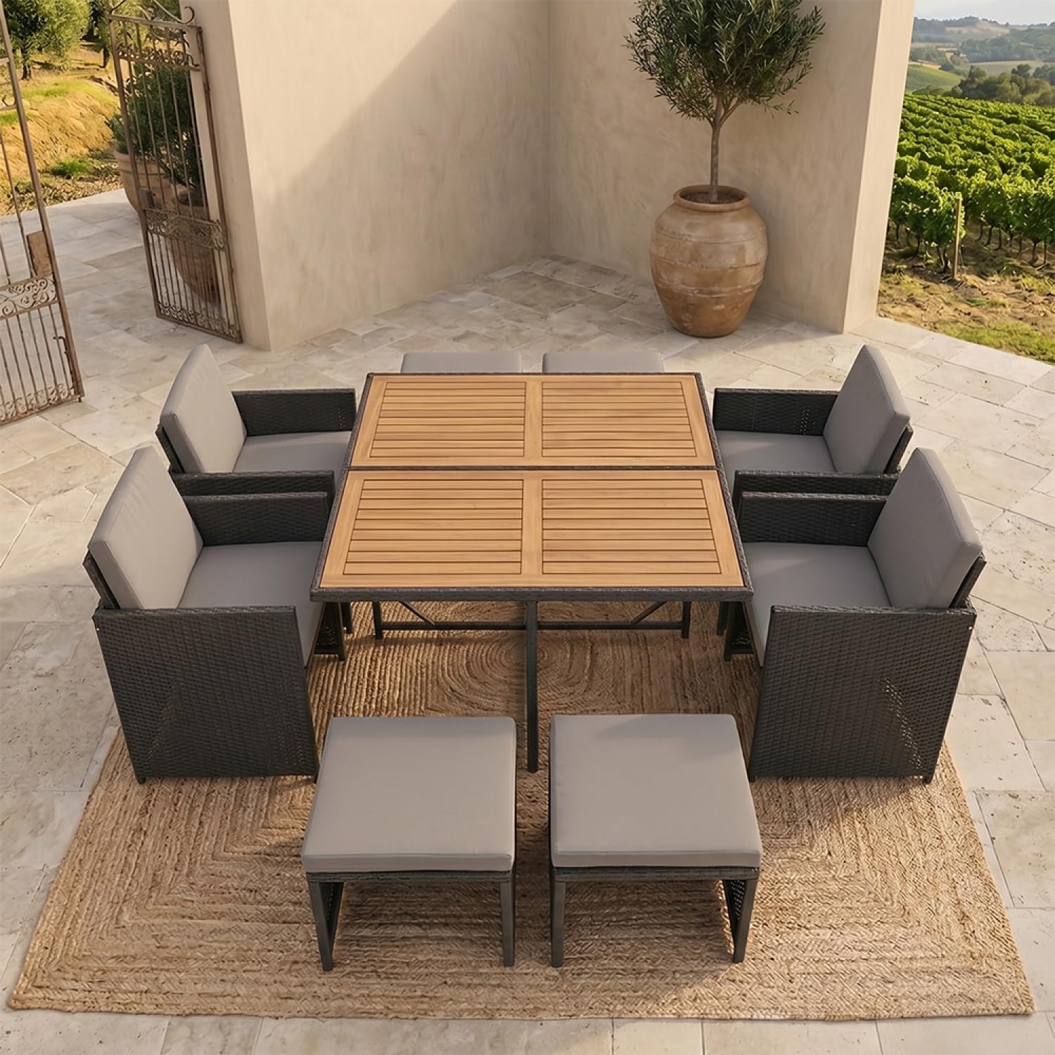 CONCEPT USINE Salon de Jardin Encastrable Toledo 8 Places Noir et Gris