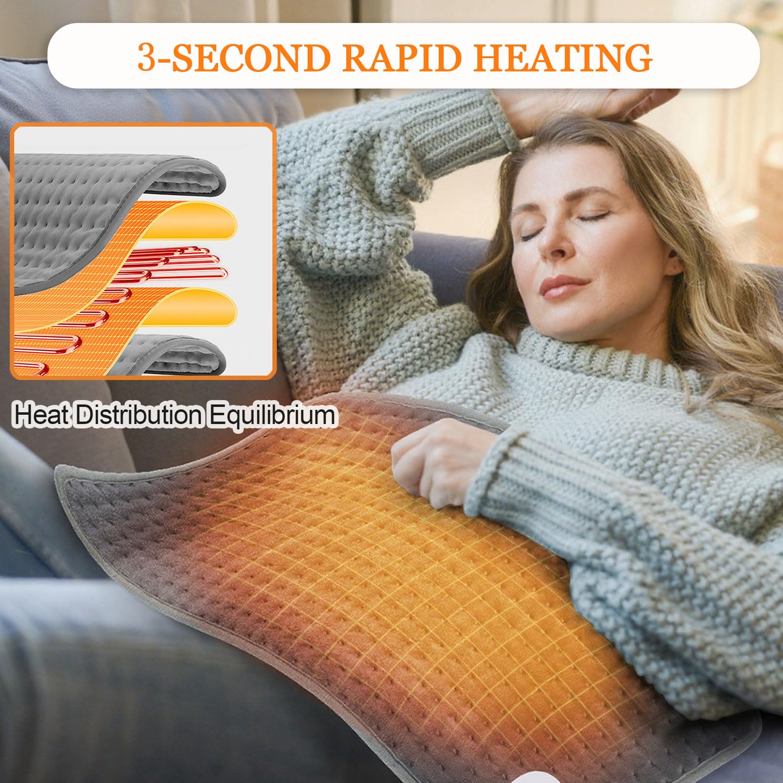Cuscinetto Riscaldante King Size con 6 Ompostazioni di Temperatura e 4 Timer, Sollievo dal Dolore per Schiena/Spalle/Addome/Gambe, Opzioni di Calore, Spegnimento Automatico,Dark grey,16"x30"/40*76cm