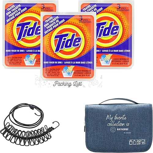 AMCIENT Tide Sink - Paquete de 3 paquetes de viaje (3 unidades cada uno) con tendedero de viaje portátil, bolsa de aseo colgante, kit de artículos disponible en Yaxa Venezuela