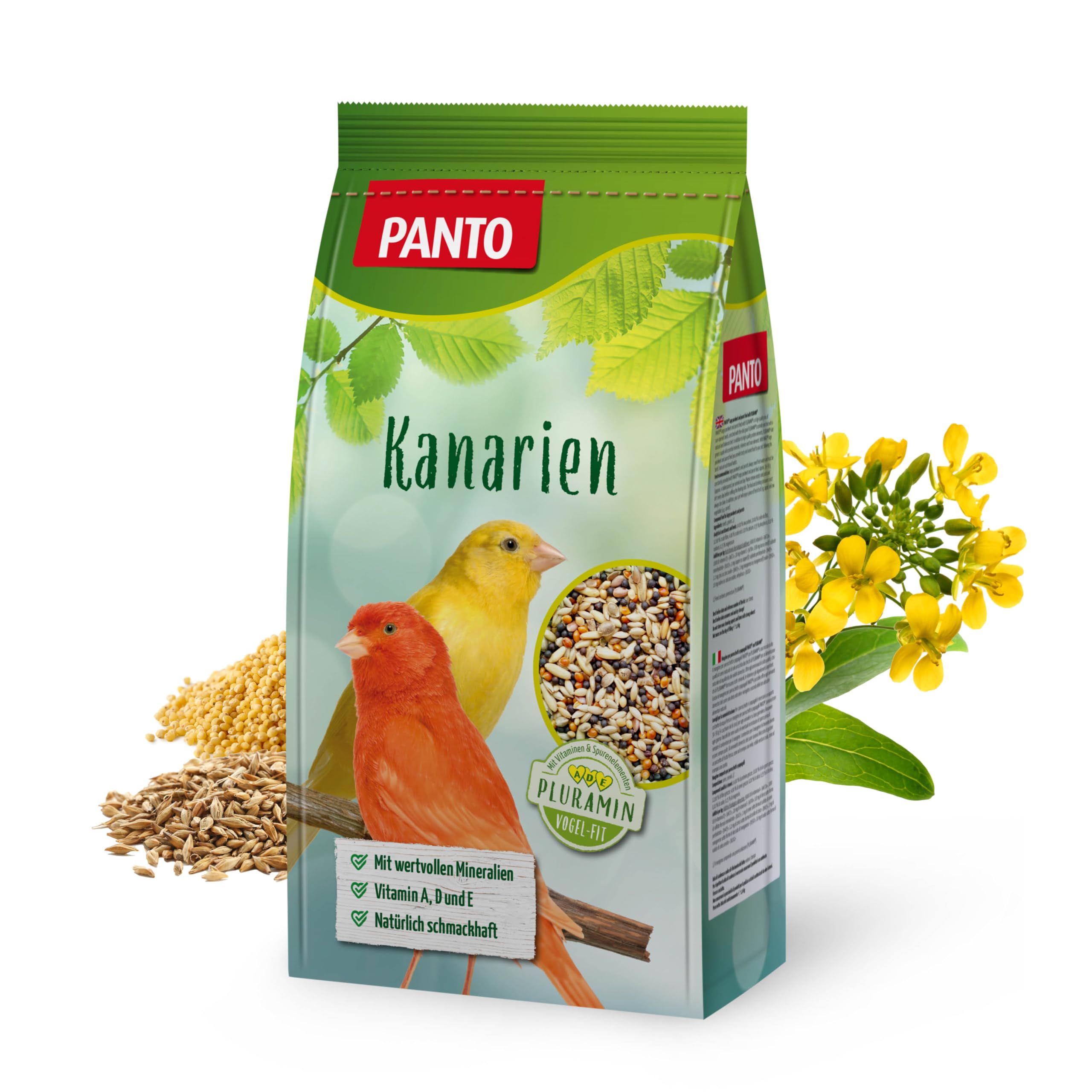 PANTO Kanarienfutter mit Pluramin, 5x1kg - Ziervogelfutter aus bunter Saatenmischung, Vogelfutter ohne Nüsse