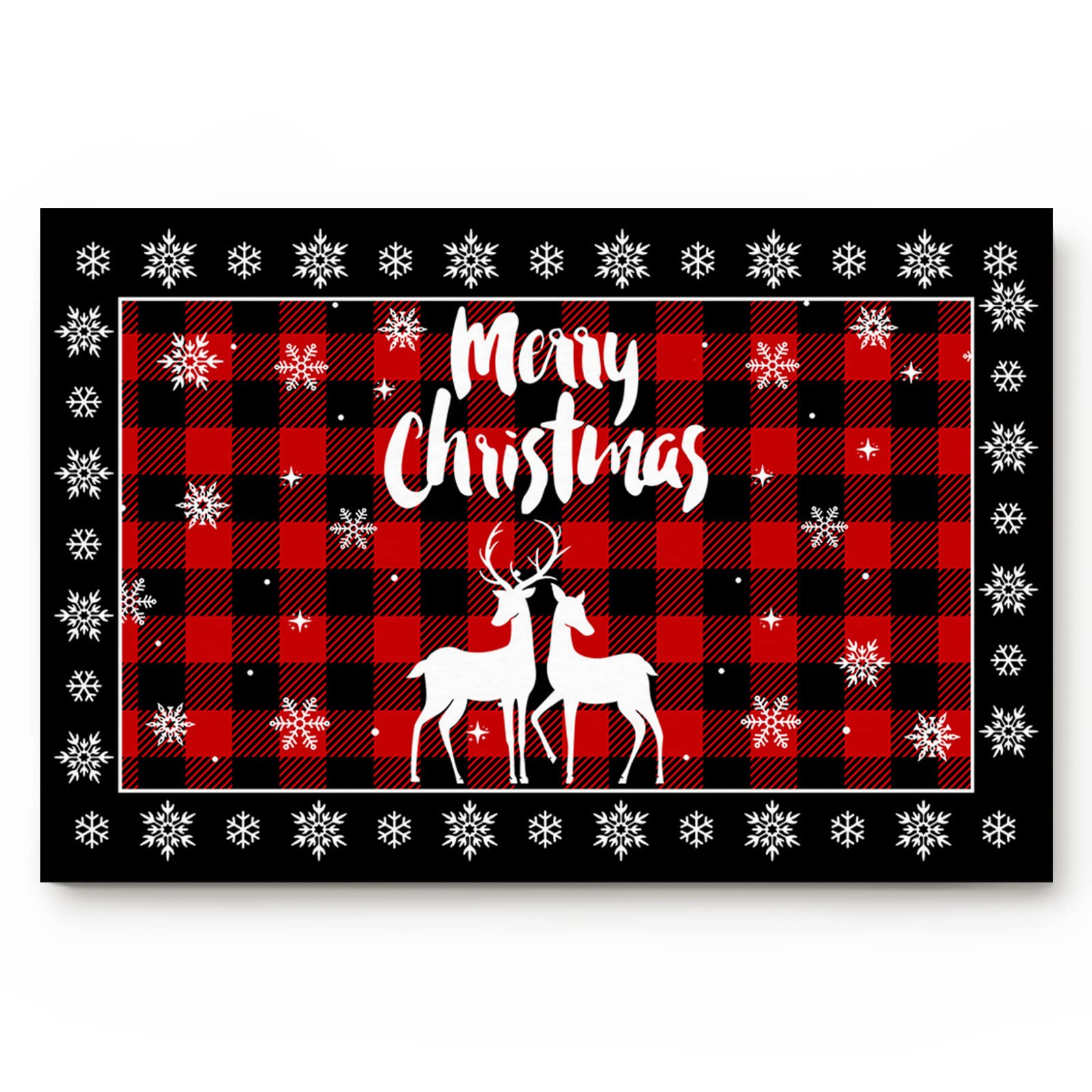 Christmas Door Mat Welcome Doormat,Merry Christmas Reindeer Snowflake Buffalo Plaid Low-Profile Anti-slip Front Doormat Absorbent Washable Entrance Rugs Carpet for Entryway Kitchen Bathroom,16x24 Inch