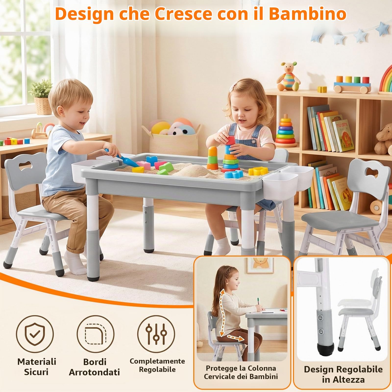 MAMIZO Tavolo per bambini con 2 sedie, vano portaoggetti e piastra