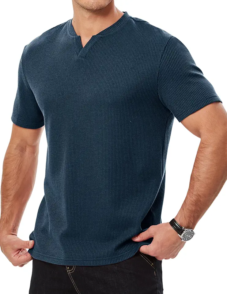 JMIERR Mens Waffle Cotton T Shirt V-Neck Henley Shirt Short Sleeve Work Casual Tee Shirts