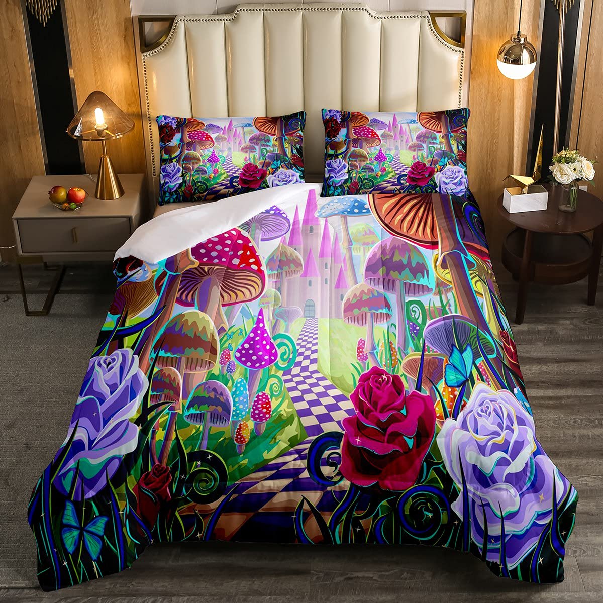 Juego de ropa de cama colorida para niños y niñas, diseño de castillo de setas, diseño de flores, color rosa