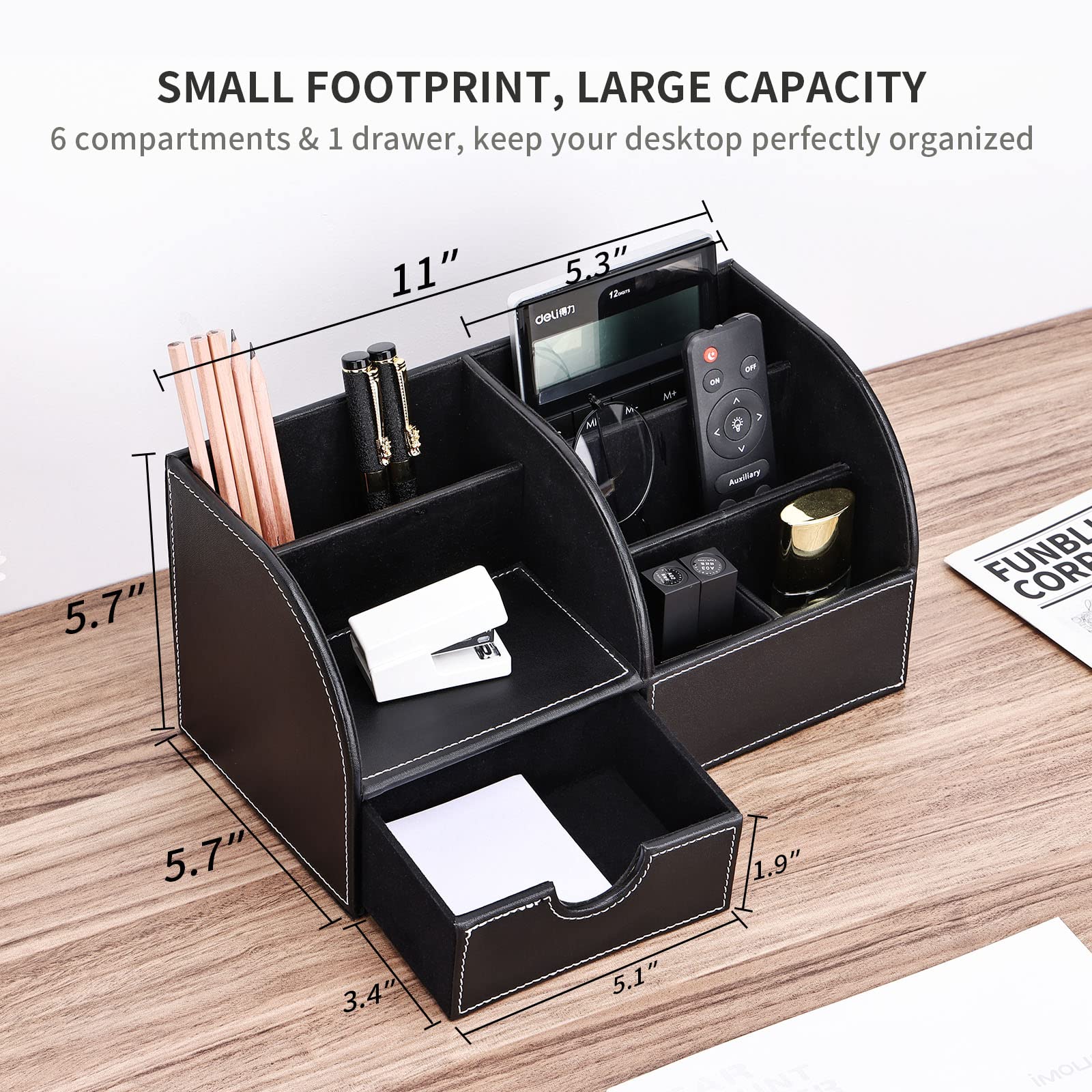 Kingfom ™ 7 scomparti multifunzione PU ufficio da scrivania, desktop cancelleria Storage box Collection, Business card/pen/Pencil/mobile phone/Remote Control Holder Desk forniture organizer Full Black Leather