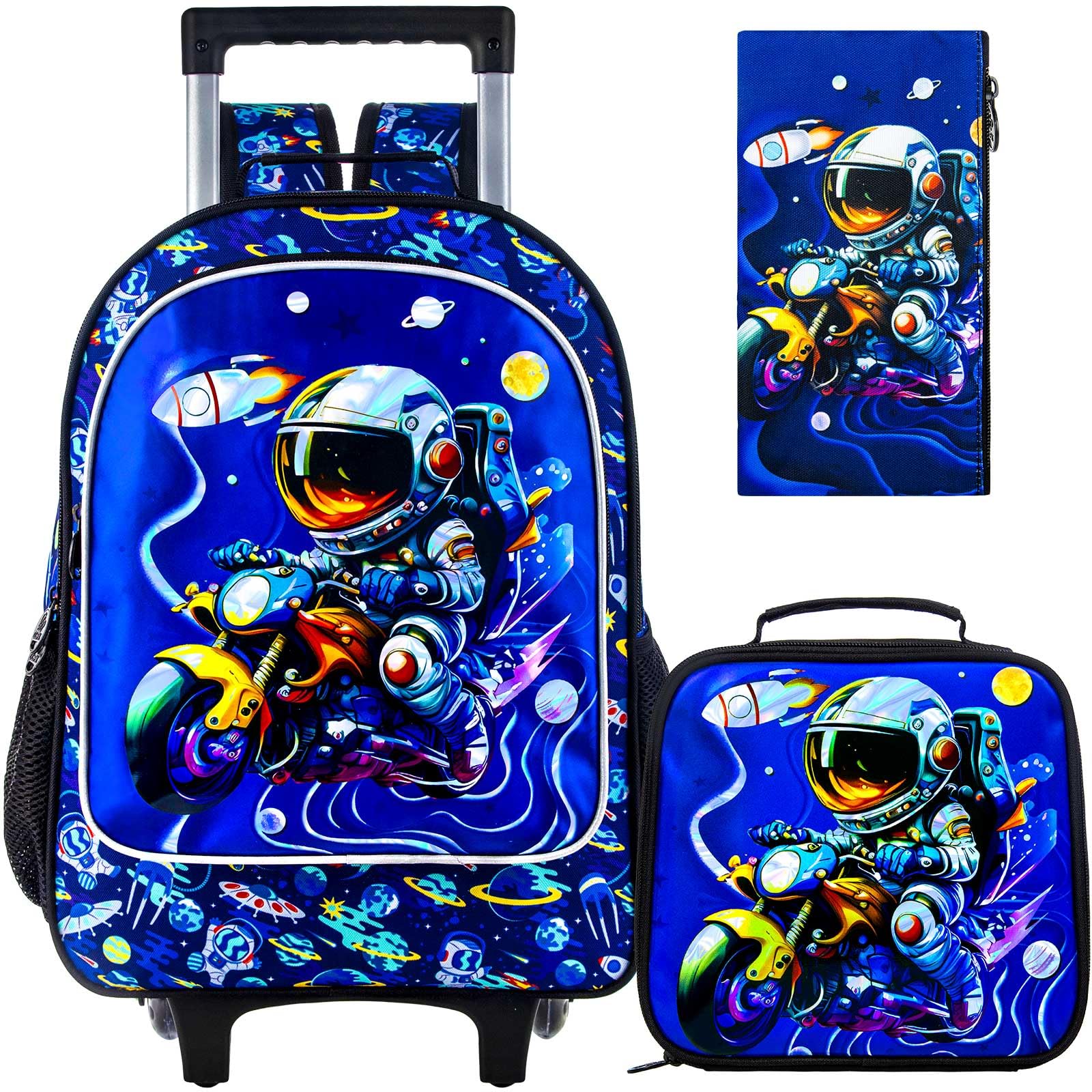 HPJGD 3PCS Astronaut Rolling Backpack for Boys, Kids School Backpacks with Wheels, Water Resistant UV Printed Roller Wheeled Bookbag Set with Lunch