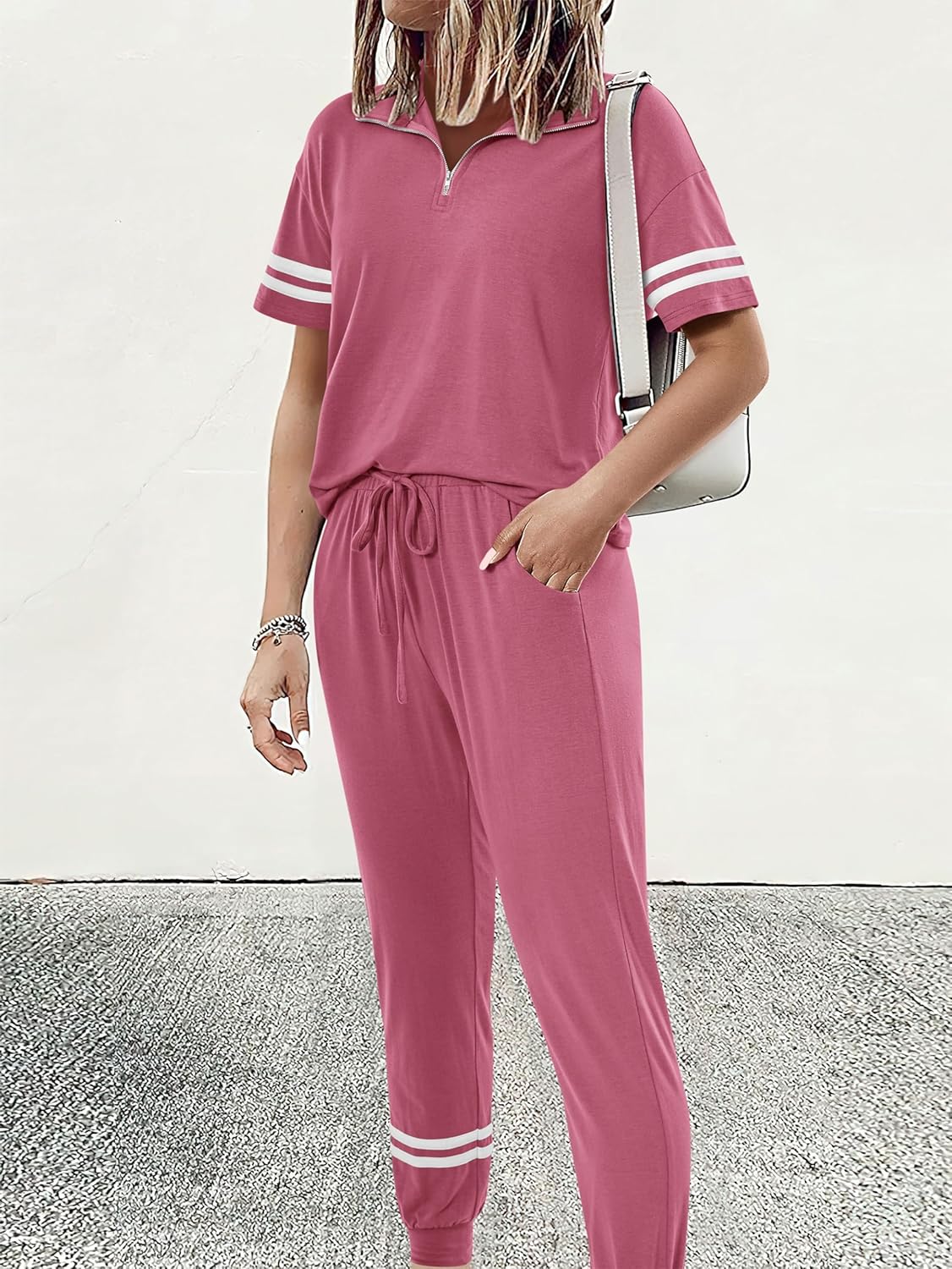 MASCOMODA 2 Piece Outfits for Women 2026 Summer Casual Quarter Zip Short Sleeve Tops Long Pants Tracksuit Jogger Lounge Sets - Image 2