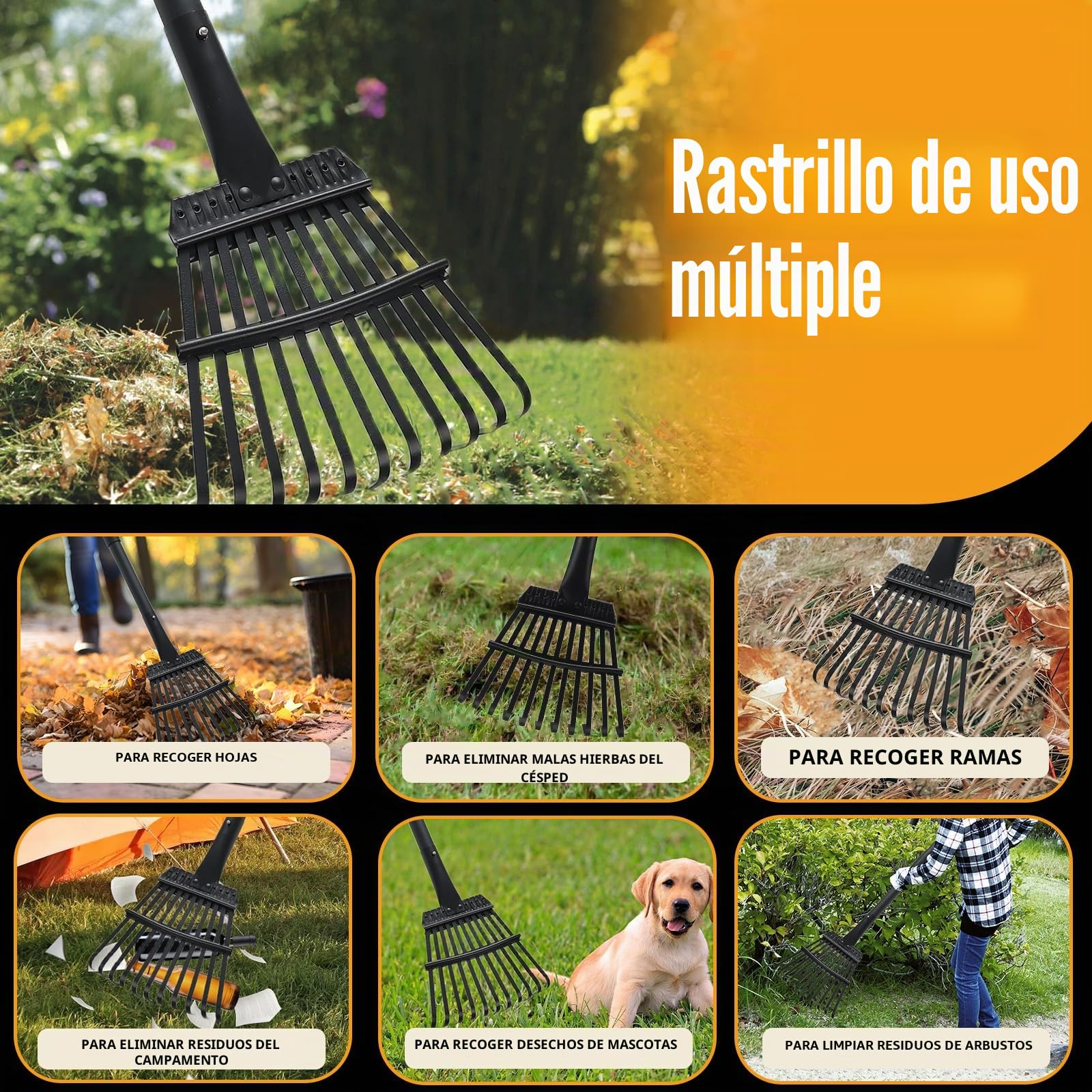 Rastrillo de Jardin pequeño con Mango Ajustable de 160 cm, rastrillo de Mano de Metal Resistente de 11 púas rastrillo de Hojas de jardín para Recoger Hojas, arbustos, matas