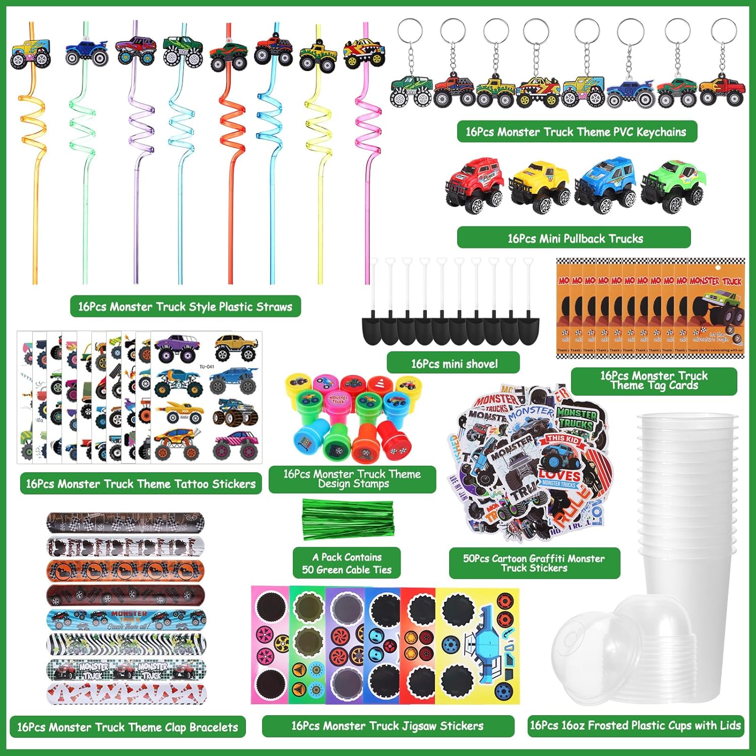 HyDren 211 Pcs Truck Included Gift Cup Straw Keychain Slap Bracelet Mini Truck Sticker Stamper Card Tattoo Sticker Shovel Tag Cable Tie For Birthday Gift Prize - Image 2