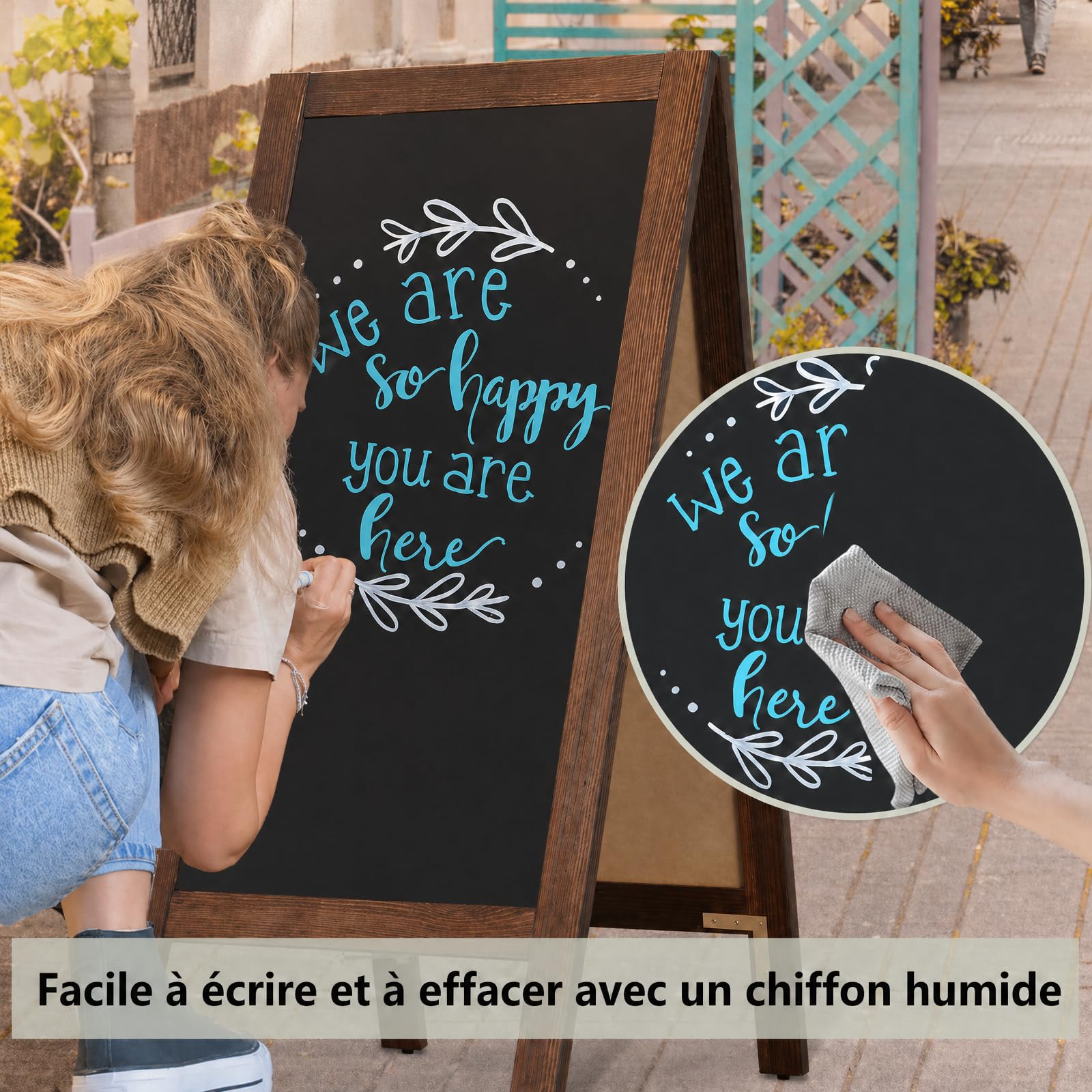 DOLLAR BOSS panneau publicitaire extérieur 48x100cm chevalet stop trottoir | tableau noir magnétique, tableau à craies double face avec cadre en bois pour restaurant, café, bar, mariage, marron
