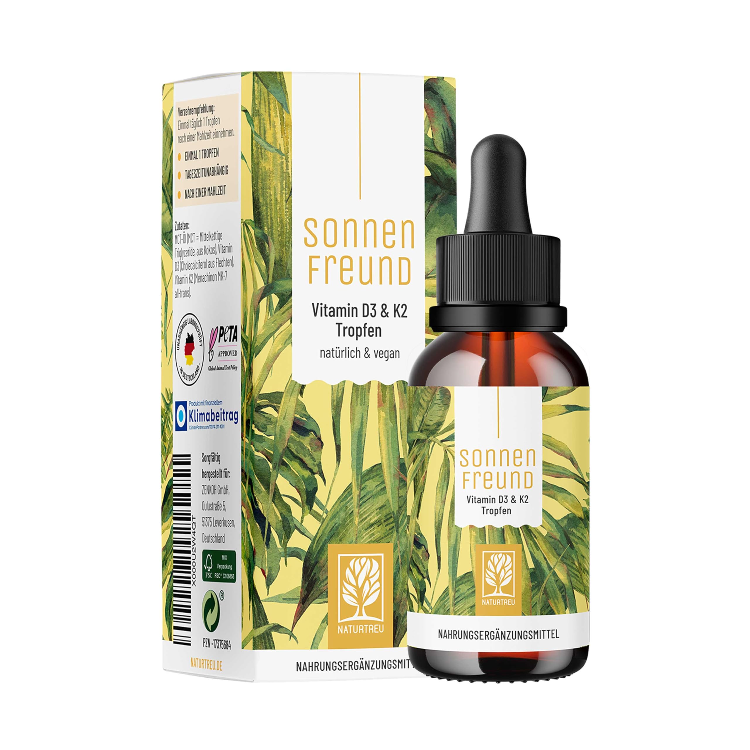 NATURTREU® Vitamin D3 K2 Tropfen hochdosiert & vegan - 100% pflanzlich (ohne tierisches Lanolin) - 1000IE Vitamin D + Vitamin K2 - Sonnenfreund