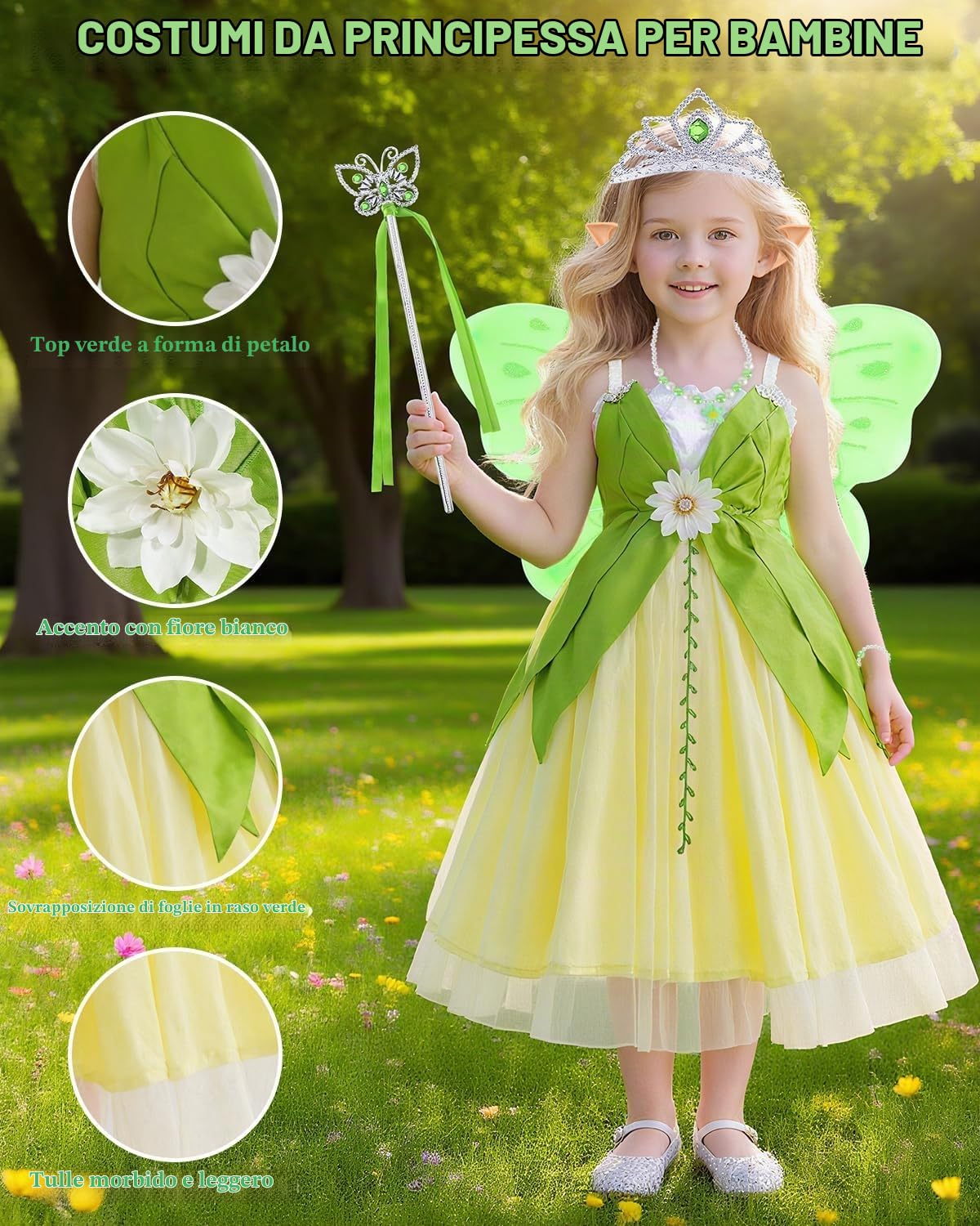 Costume Tinkerbell Bambina, Vestito Principessa con Ali, Corona, Bacchetta Magica e Accessori, Costume Tinkerbell Principesse 3-8 Anni per Compleanni, Cosplay, Carnevale e Halloween