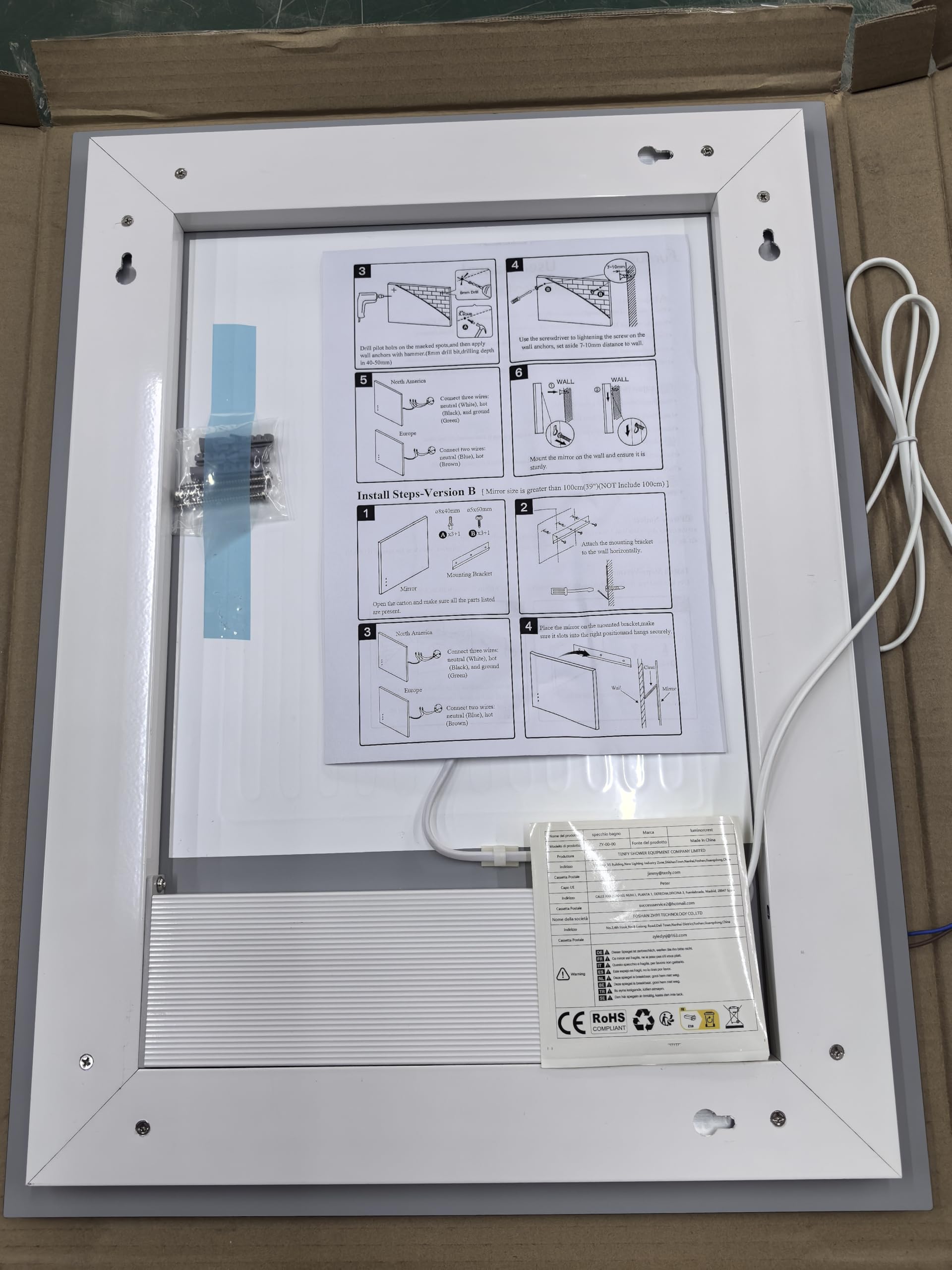 Specchio da bagno con illuminazione, rettangolare, 60 x 100 cm, specchio da parete a LED, 3 colori di luce, dimmerabile, con touch, anti-appannamento, CRI90+, vetro temperato