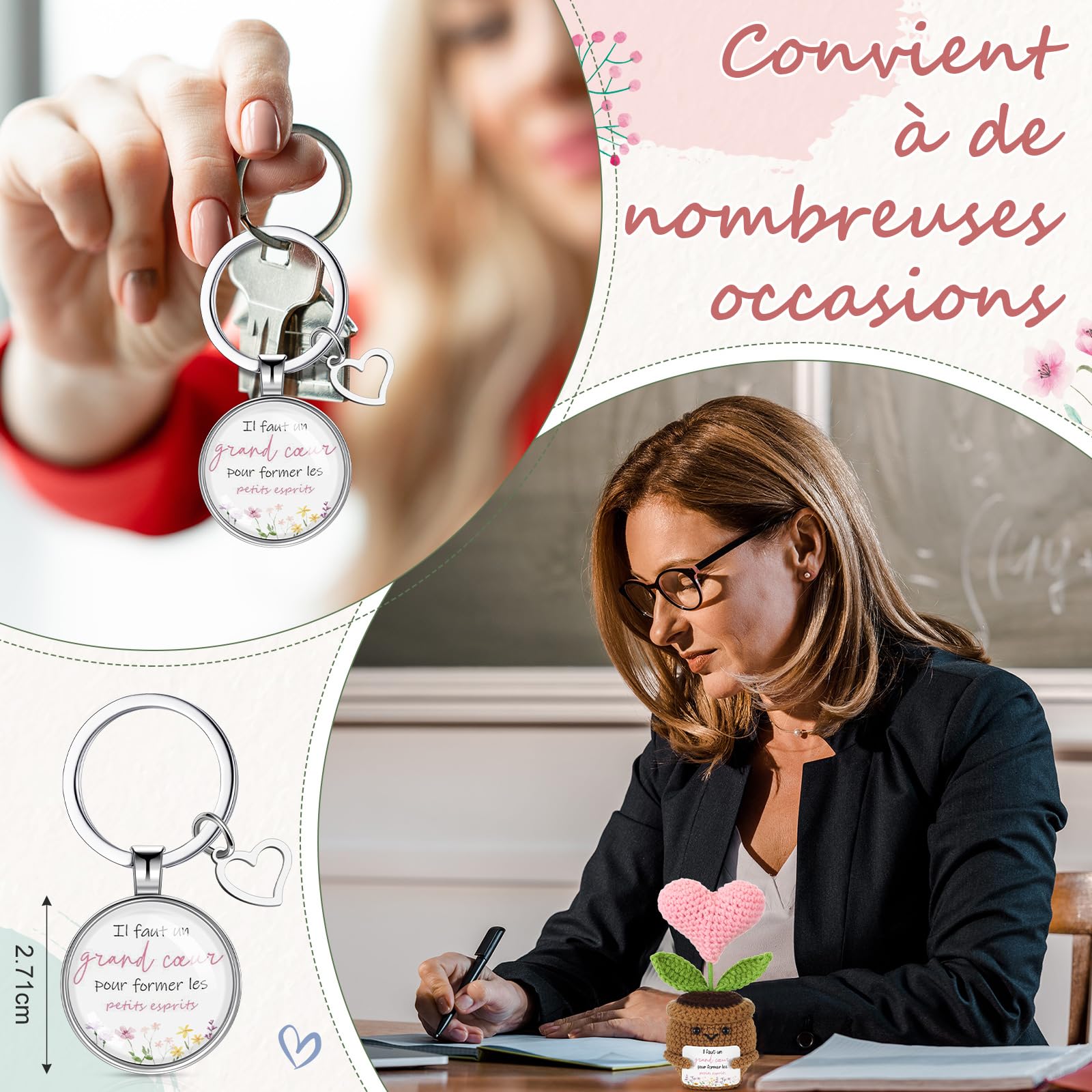 BBTO Cadeau Maitresse Idee Tricotée en Cœur Porte-Clés Trousse de Maquillag Carte de Vœux avec Fleur Séchée Cadeau Maitresse d'École Fin d'Année pour Anniversaire D’Enseignant (Professeur)