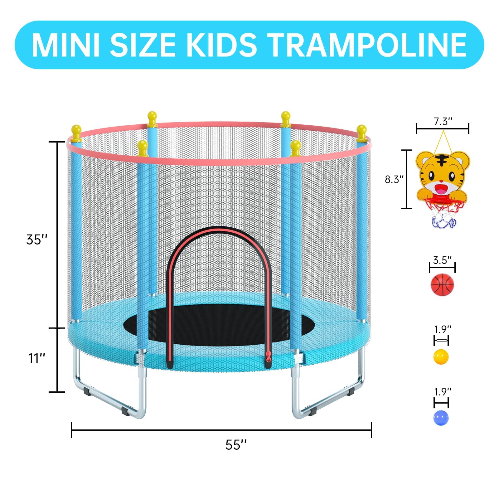 Trampoline pour Enfants 150cm avec Filet de Sécurité, Panier de Basket et Tapis de Saut - étanche, Réglable, 200kg