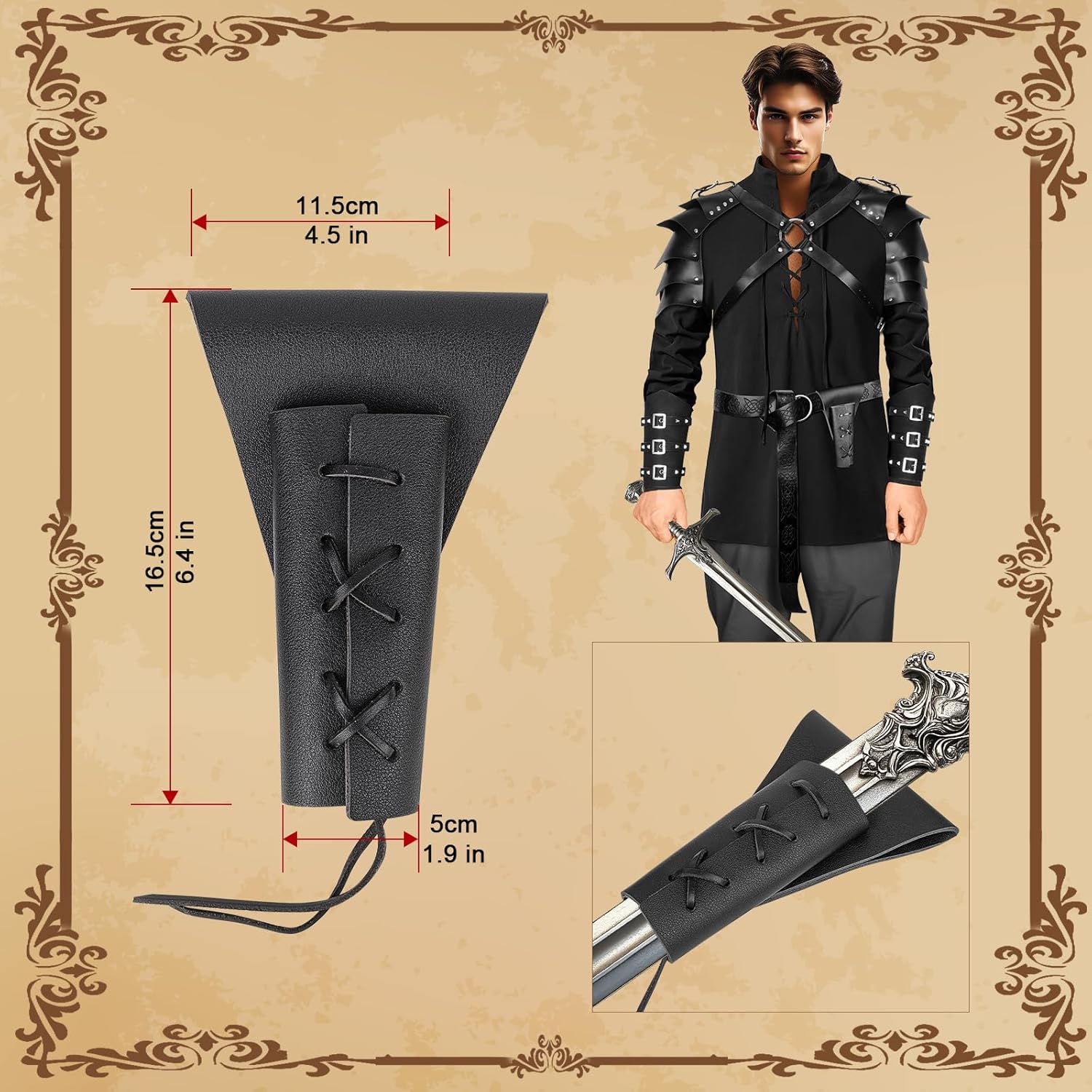 7 Pcs Men's Renaissance Costume Set Medieval Pirate Shirt Viking Shawl Belt Shoulder Armor Sword Bag Cosplay (Medium) - Image 7