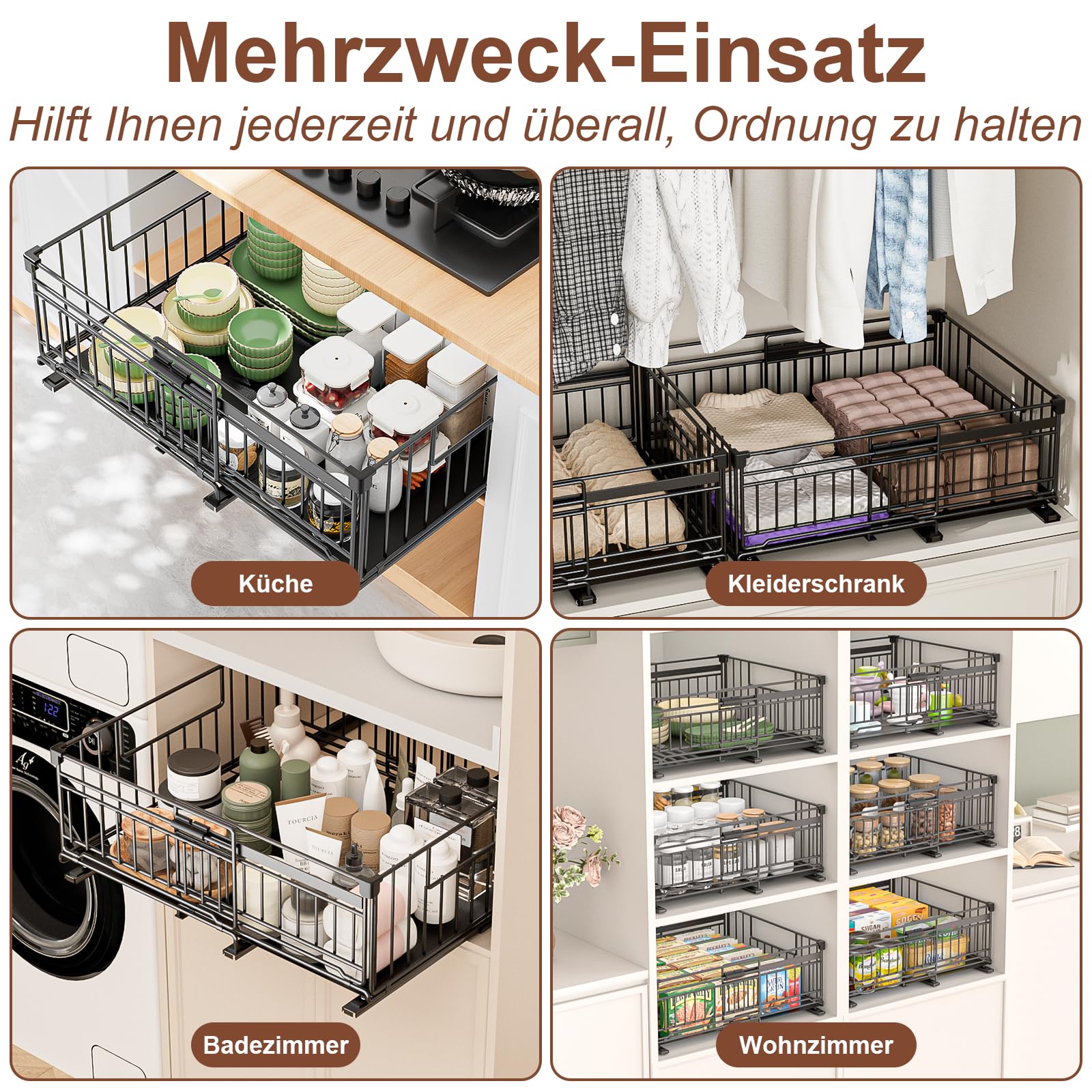 2 Stück teleskopschublade ausziehbare schublade küche mit Kleber,Ausziehbarer Schrank Organizer mit Schienensystem,32.5-50cm Verstellbare Breite teleskopschublade,Schwarz