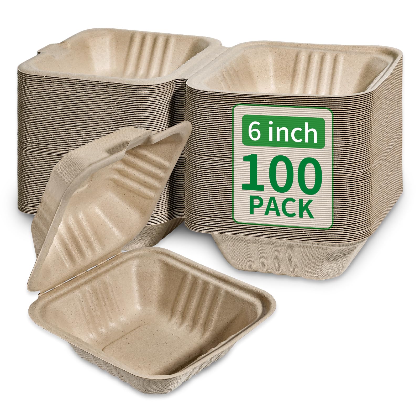 Aricsen Compostable 100 Pack 6x6 Inch Disposable Square Small Lunch Box Takeout Containers with Lid To Go Take Out Clamshell for Food, Eco-Friendly