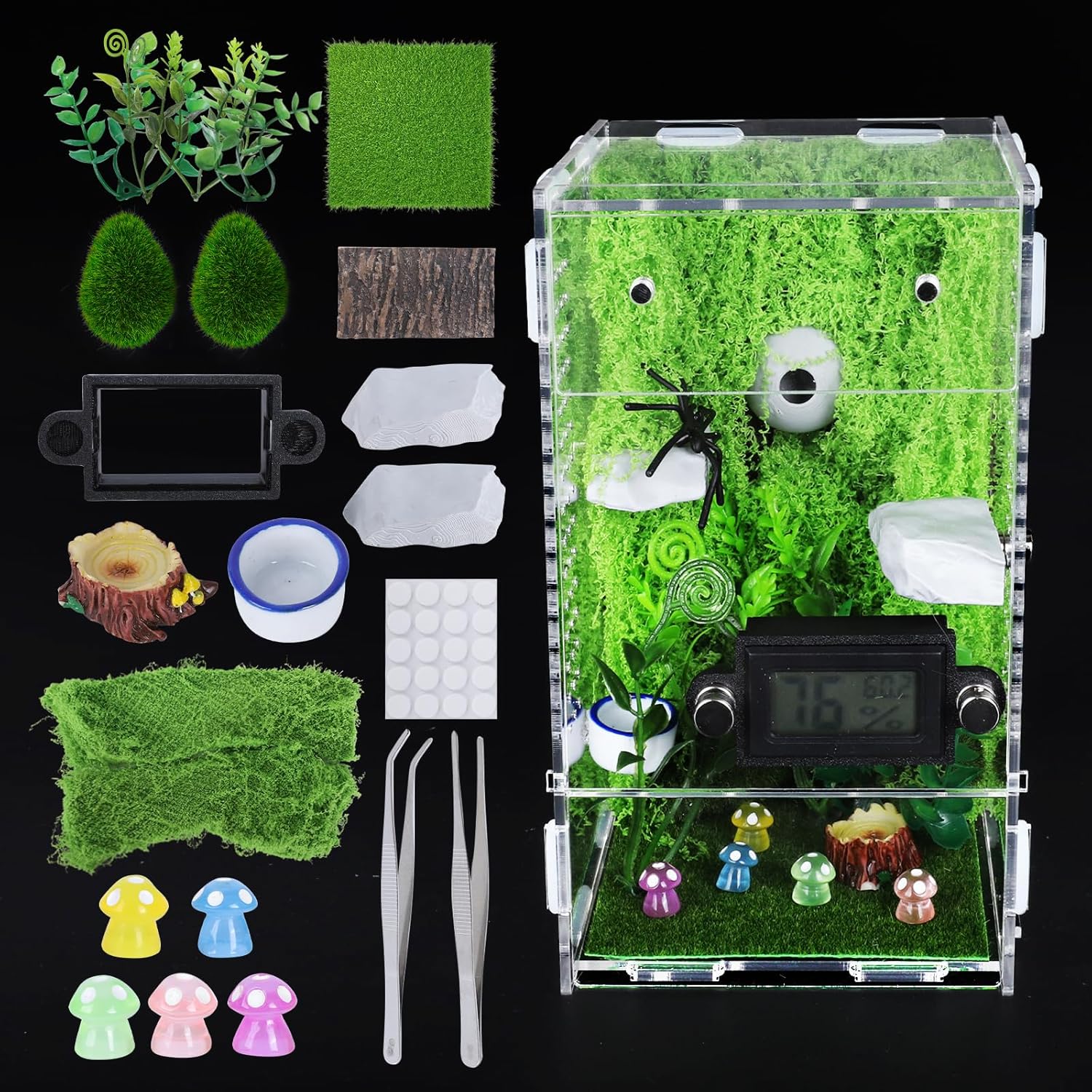 DIY Jumping Spider Enclosure, 4.7"x4.7"x7.9" Escape-Proof Spider Terrarium, Small Invertebrate Acrylic Accessories Set, with Temperature and Humidity Detector, Platform and Hide, Tweezer, Feeding Bowl