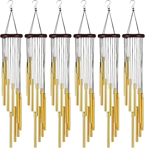 6 carillones de viento conmemorativos de tono profundo con 6 tubos de aluminio, tubos de aluminio dorado, melodía calmante para jardín, patio,