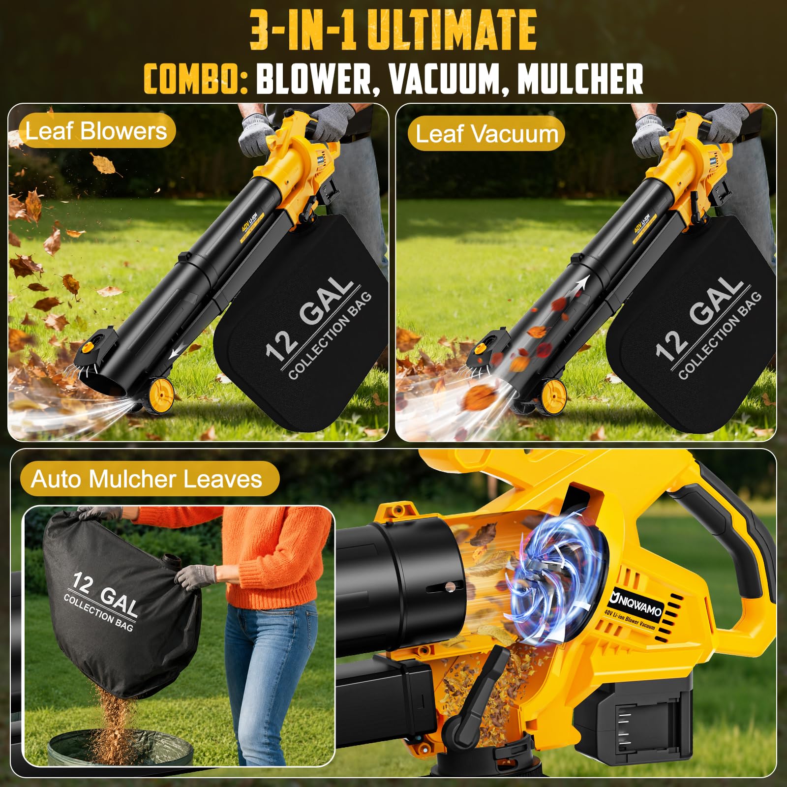 Aspiradora de hojas 3 en 1 inalámbrica con bolsa compatible con batería Dewalt de 20 V, trituradora de hojas eléctrica mejorada y aspiradora de hojas con bolsa de 45 L/12 galones, sopladores de hojas