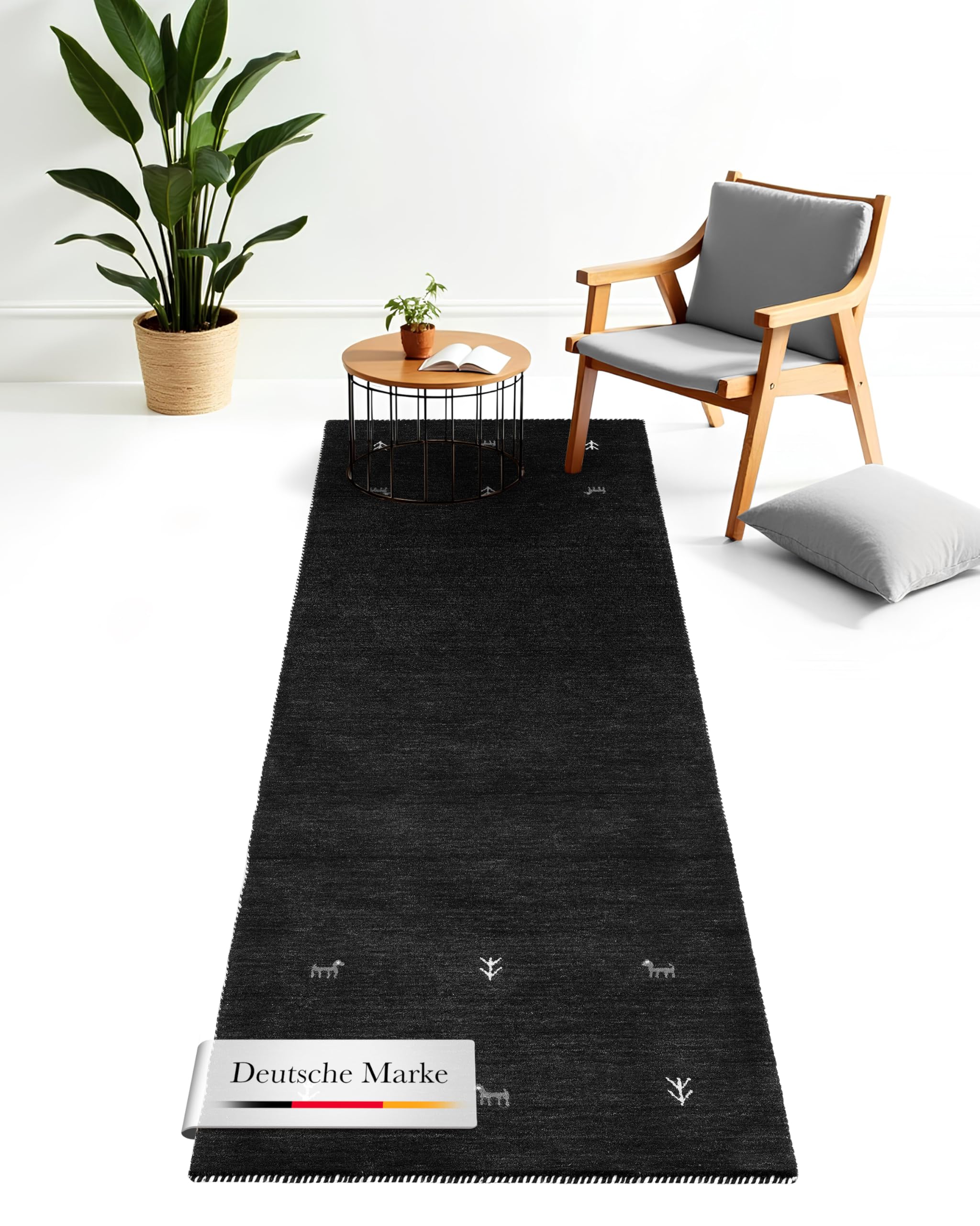 carpetfine Wollteppich Gabbeh Uni Läufer Schwarz 80x300 cm | Moderner Teppich für Wohn- und Schlafzimmer