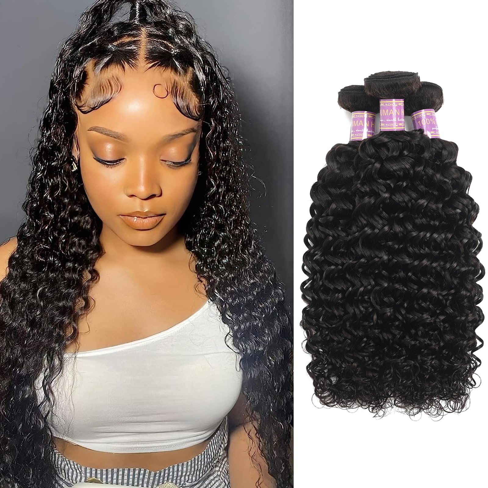 Water Wave Bundles Brazilian Water Wave Human Hair 3 Bundles 14 16 18 Inch Natural Black Brazilian Virgin Remy Hair Unprocessed Water Wave Bundles Human Hair Extensions