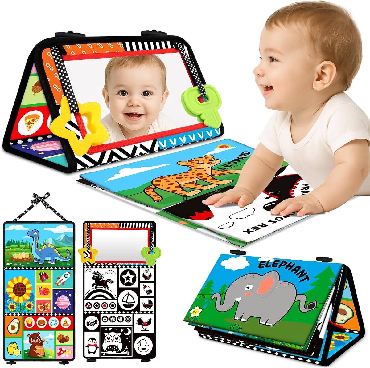 Tummy Time Toys: Black and White High Contrast Baby Toys for Newborn | Baby Visual Stimulation Mirror Teether with Crinkle Cloth Book, Sensory Infant Toy for 0-3-6-12 Months, Boy Girl Shower Gifts