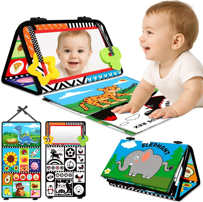 Tummy Time Toys: Black and White High Contrast Baby Toys for Newborn | Baby Visual Stimulation Mirror Teether with Crinkle Cloth Book, Sensory Infant Toy for 0-3-6-12 Months, Boy Girl Shower Gifts