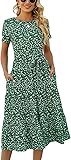 Lyrur Women's Dresses Casual Summer Tiered Midi Dress Short Sleeve Belted Ruffle Babydoll Boho Sundress with Pockets Large Green Floral