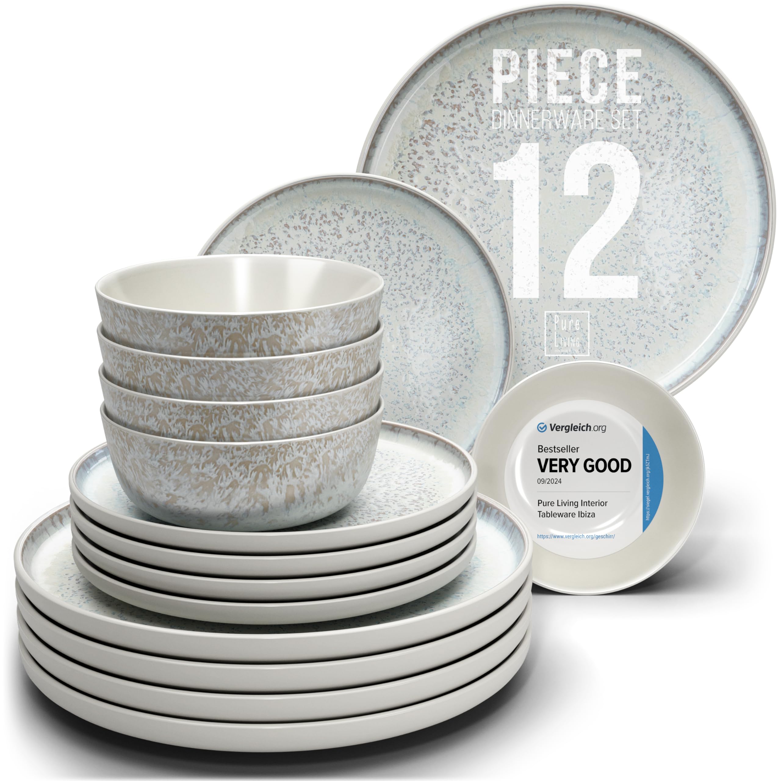 Stoneware dinnerware set 4 persons 12 pcs - Mediterranean dinnerware set, dishwasher, microwave and scratch resistant - bowl and plate set - dinnerware Pure Living Light Beige…