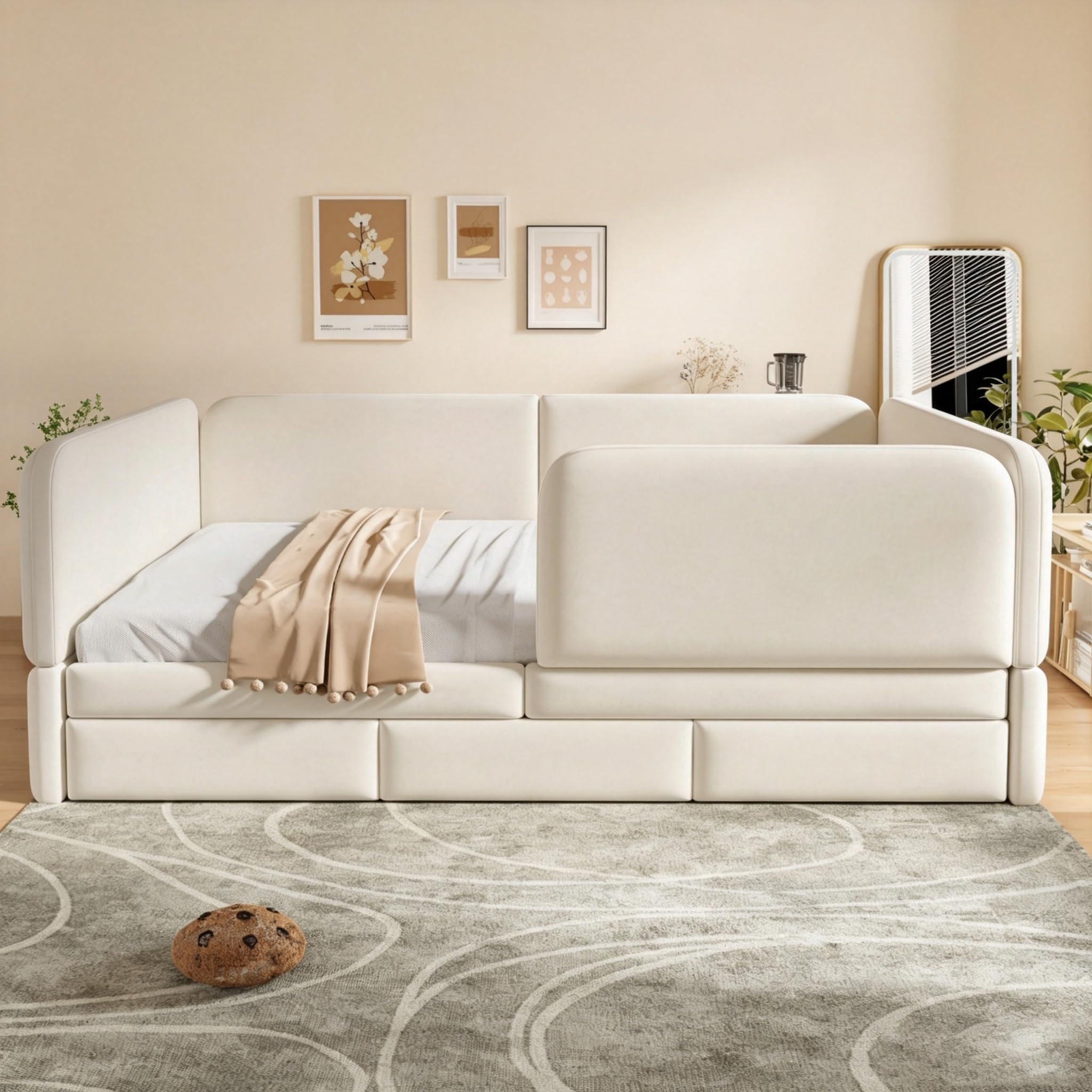 Letto Imbottito 140x200 con Bordo Interamente Imbottito Letto Matrimoniale con Cassetti Integrati Struttura Matrimoniale con Angoli Arrotondati con Telaio Basso Abitazione Beige