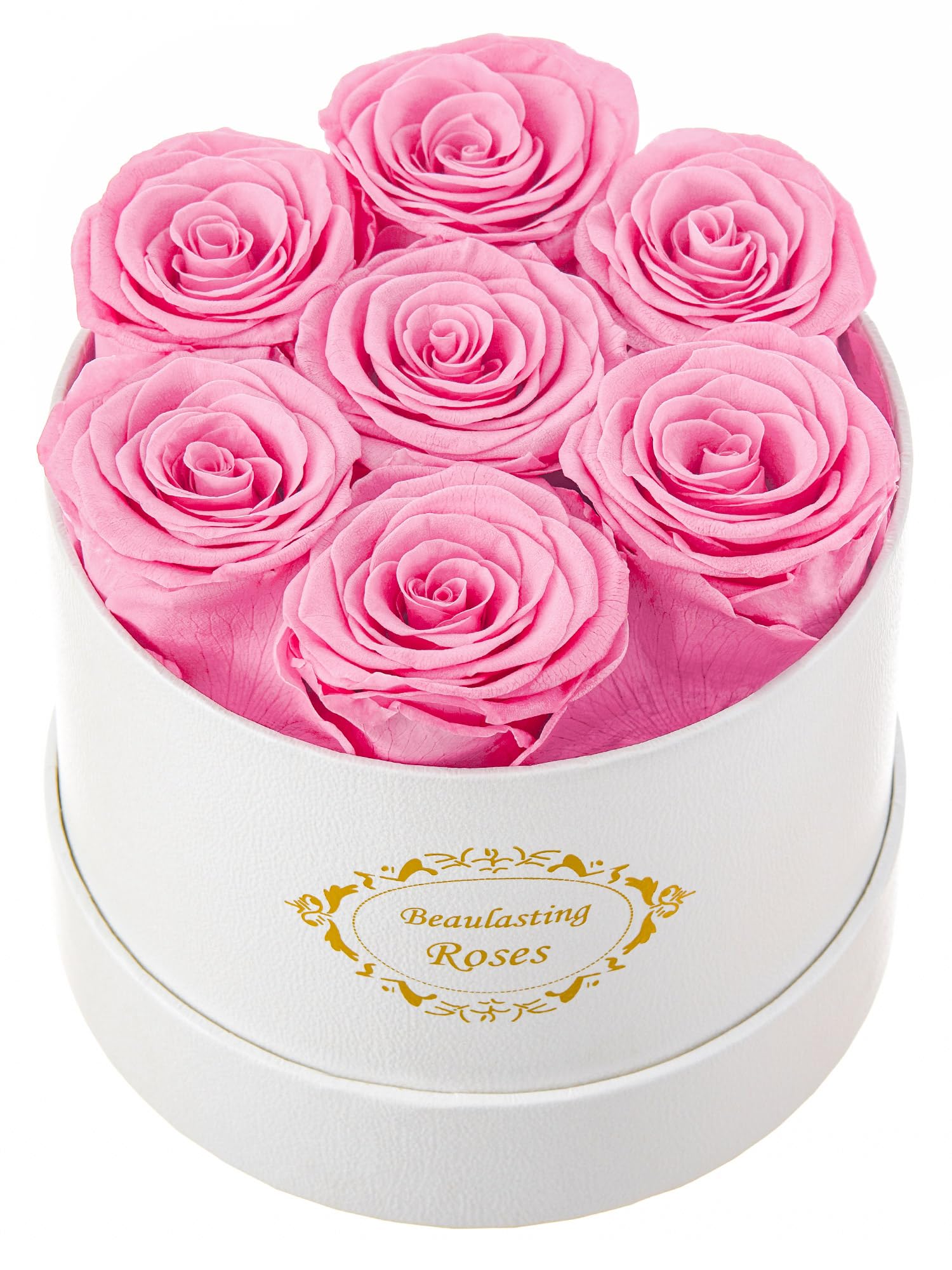 Beaulasting Long Lasting Preserved Roses in a Box Last a Year Forever Flowers for Her Mom Wife Anniversary Birthday (Round White Box, Pink)