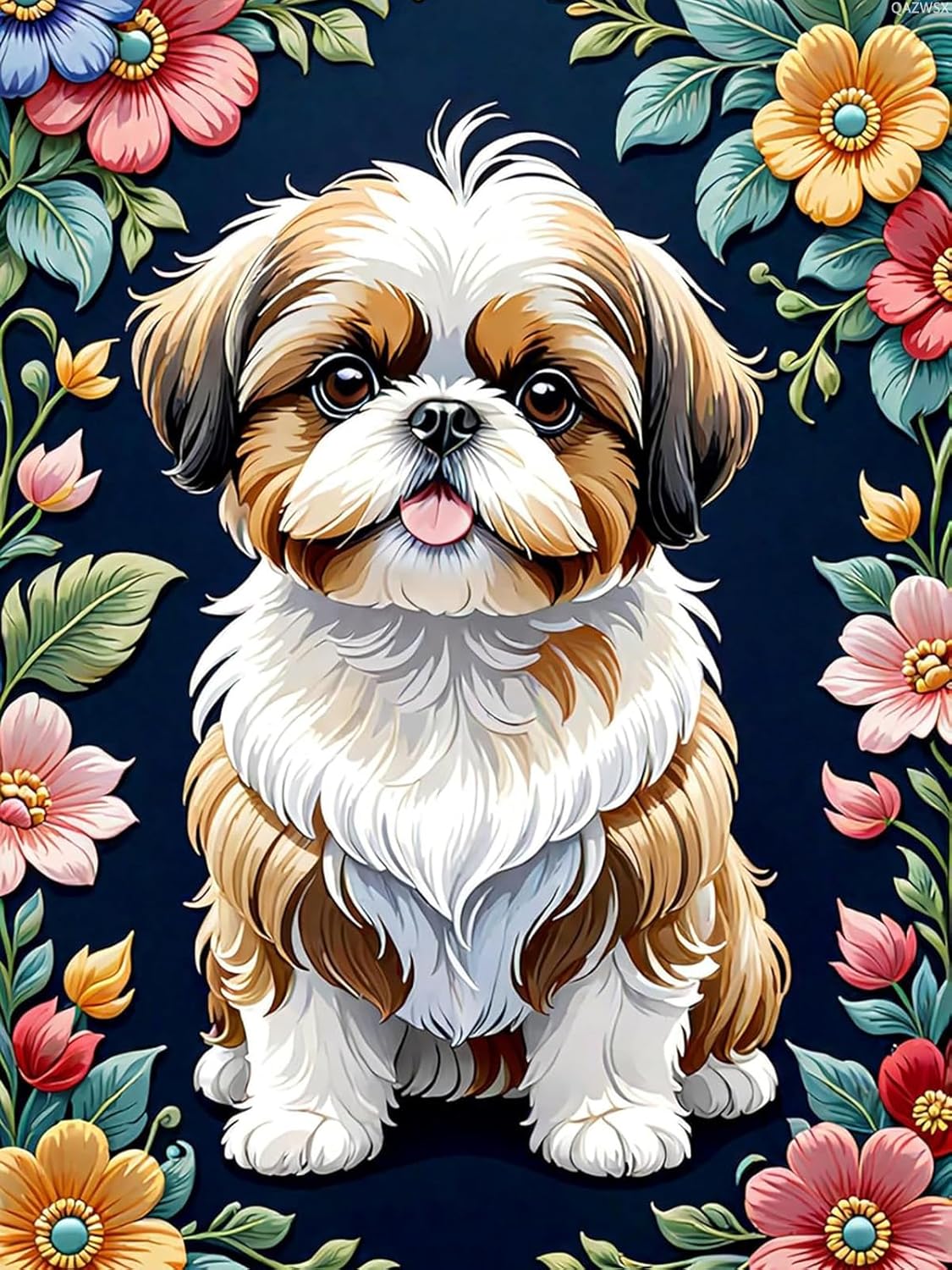 5D DIY Diamond Painting Floral Full Drill Kits for Adults Beginner Colorful Animals Diamond Art, Shih Tzu Round Diamond Painting Kits Perfect for Home Wall Decor Gifts 12x16inch