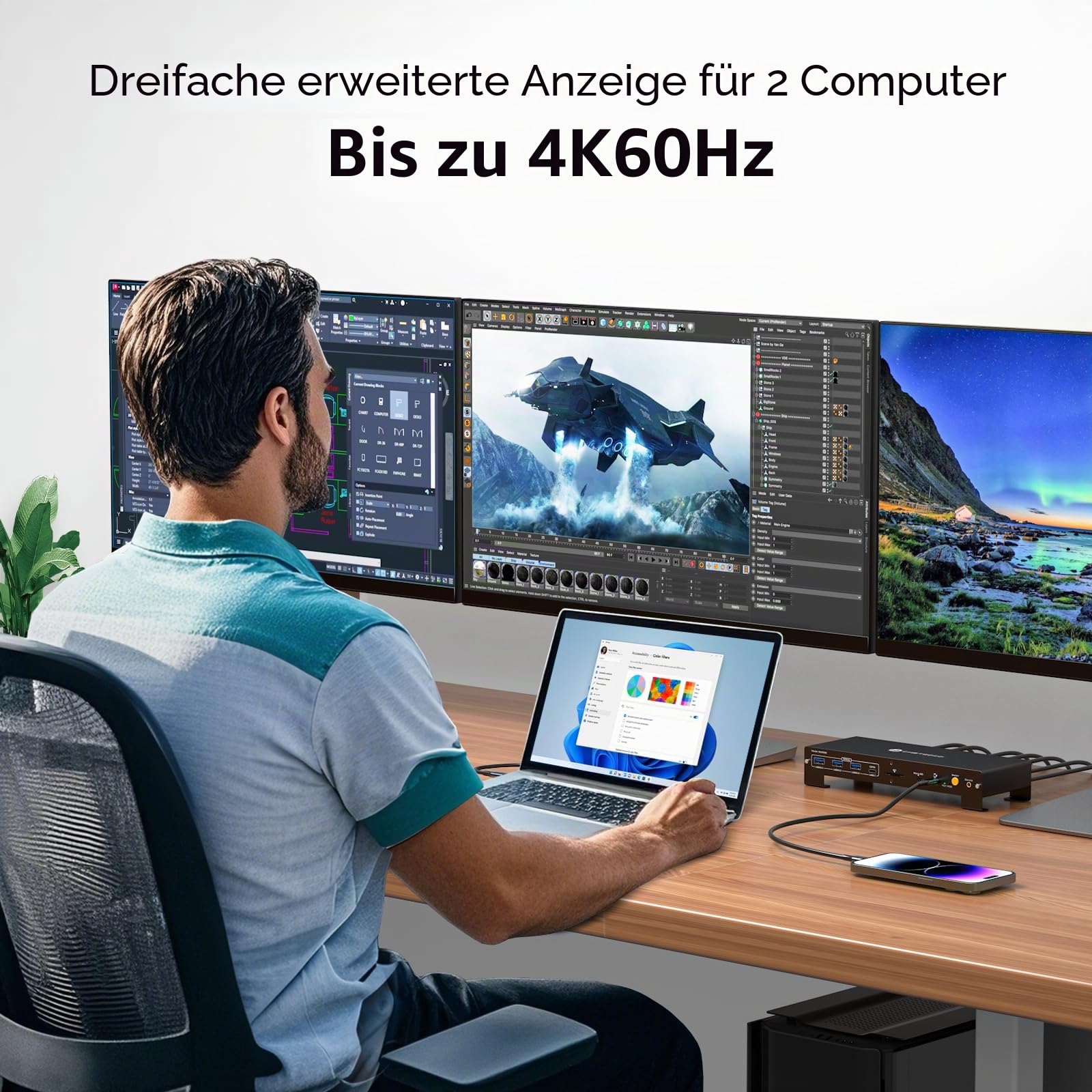 VPFET USB C KVM Docking Station für Laptop & Desktop 100W PD 4K60Hz HDMI Displayport KVM Switch 2 PC 3 Monitore 16-in-1, 1000Mbps Ethernet, 3xUSB 3.0, USB-C, 65W PD, SD Card Slot